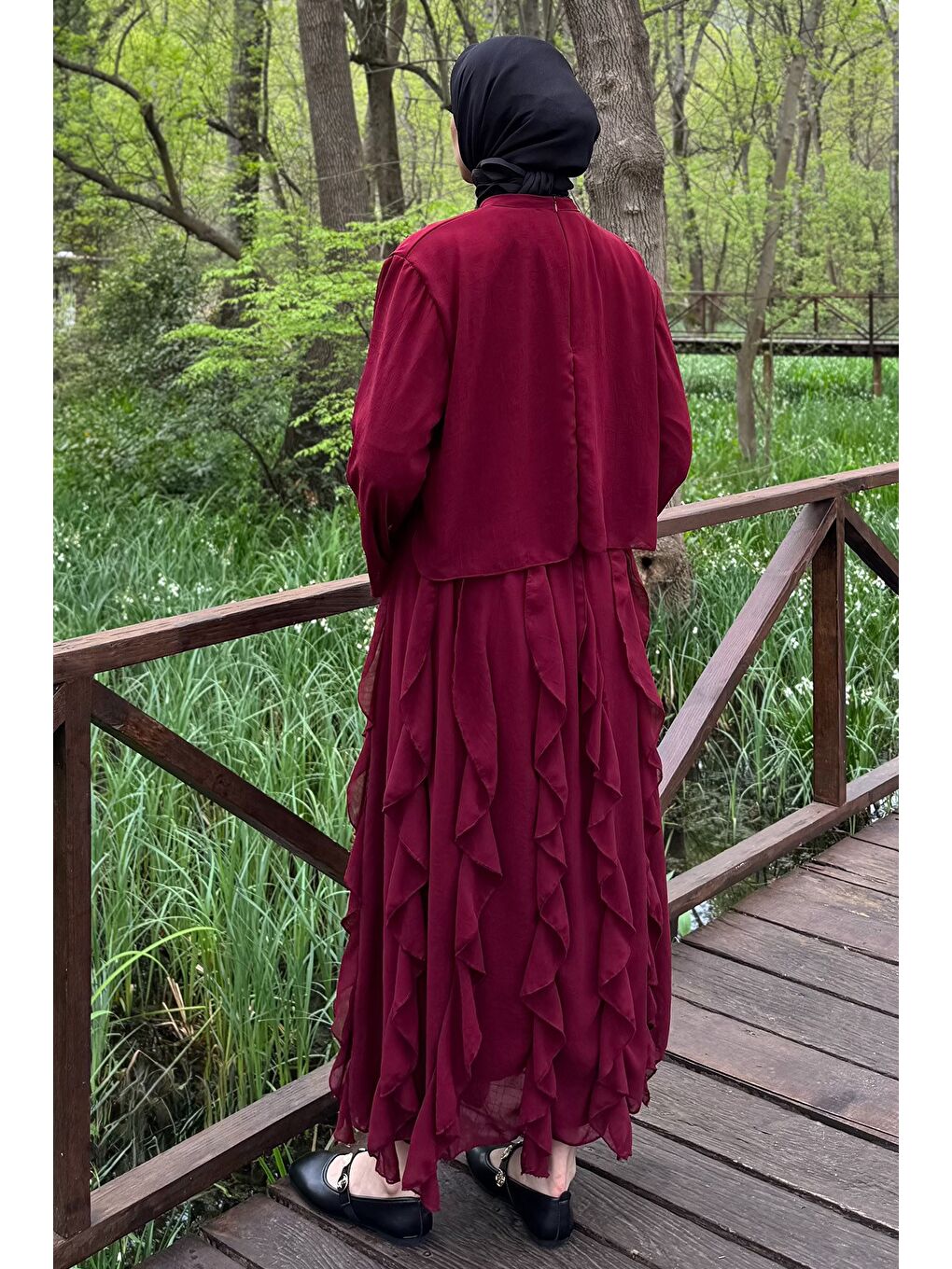 Bordo Astarlı Fırfır Detaylı Şifon Etek Bluz İkili Takım-6