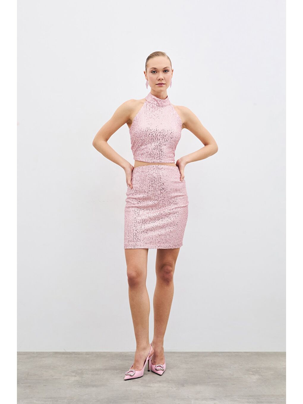 Pembe Payetli Mini Etek - Pudra