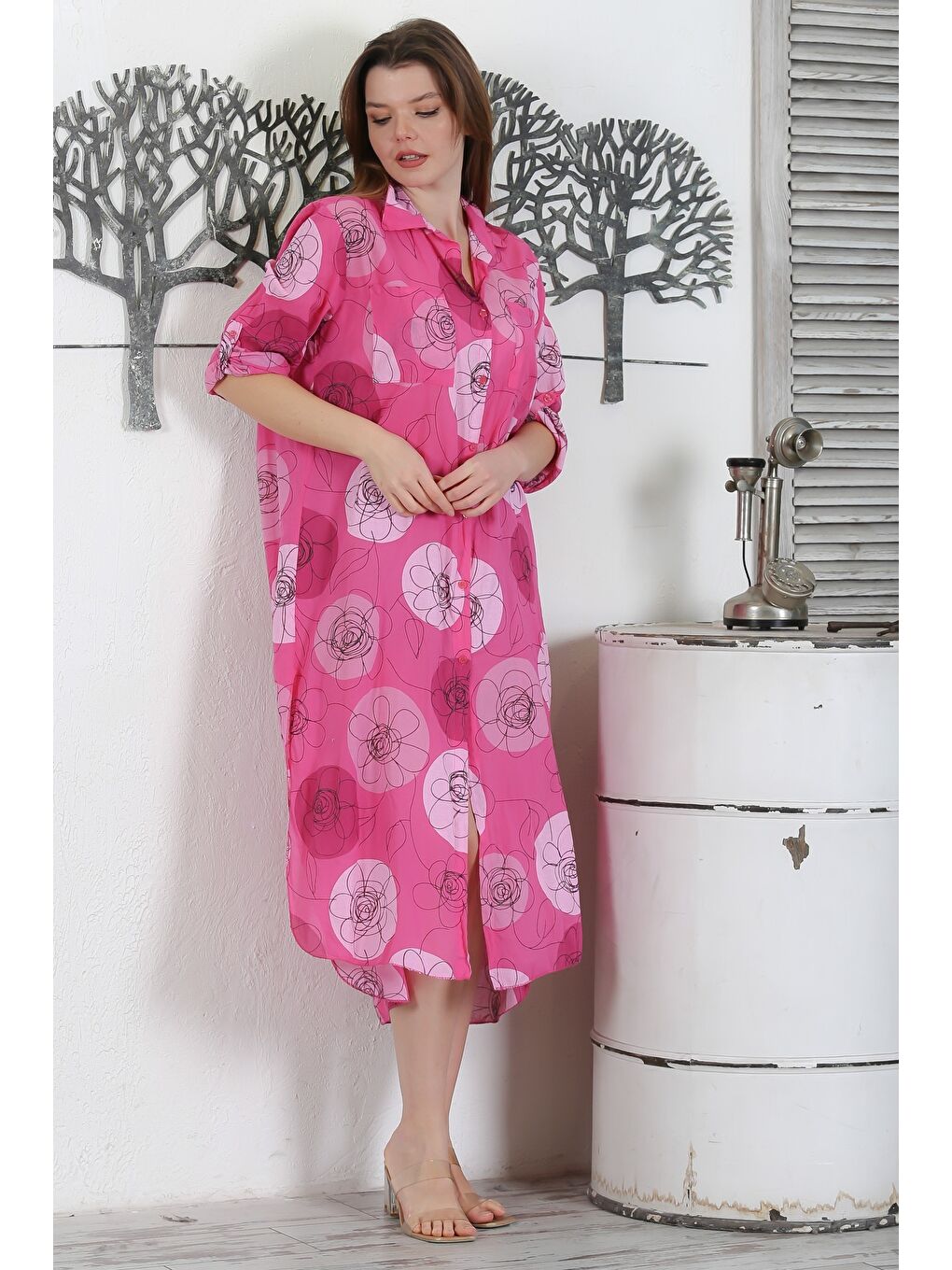 İtalyan Fuşya Düğmeli Uzun Kollu Çiçekli Çift Cepli Casual Dokuma Yazlık Elbise-2