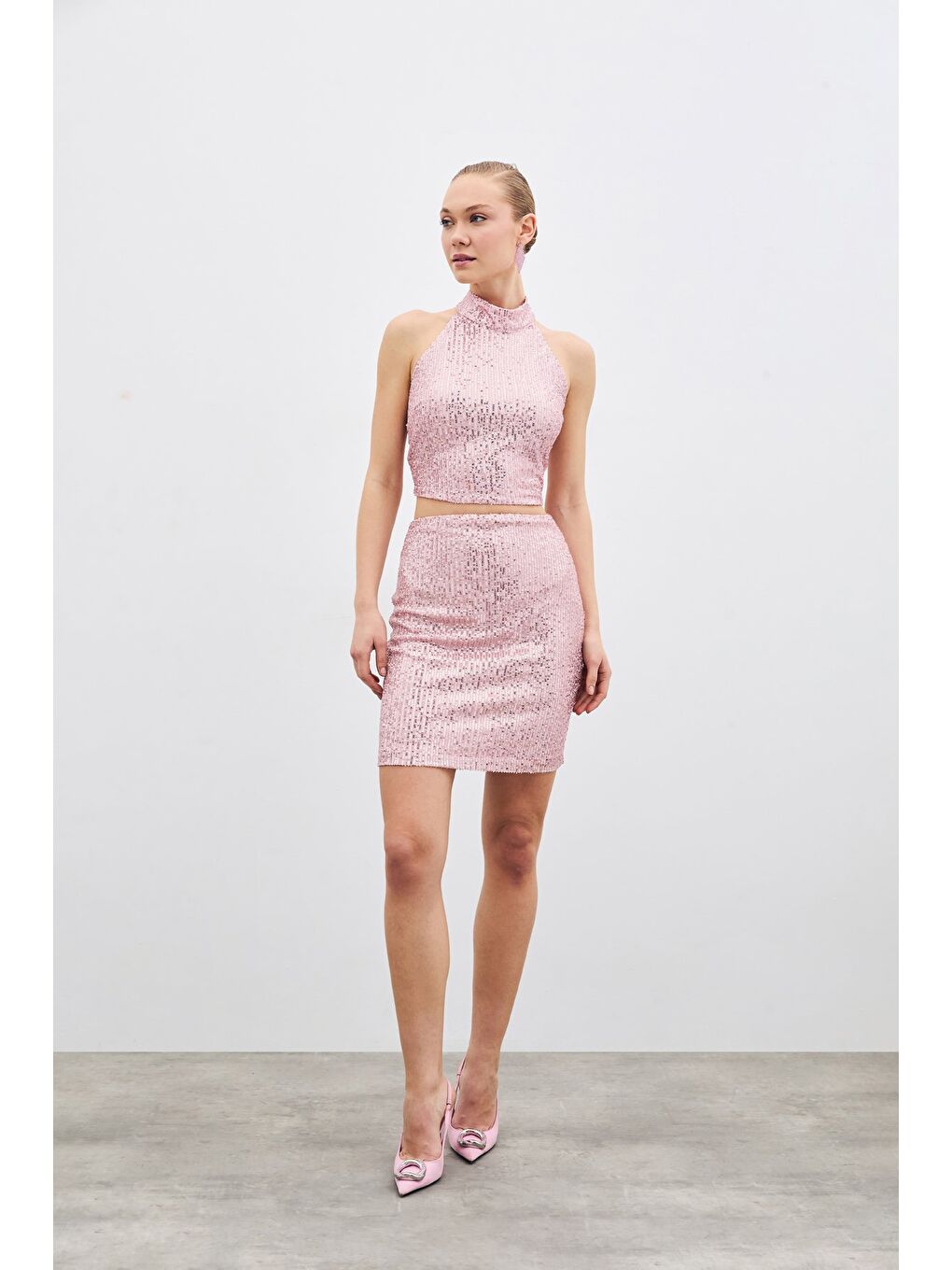 Pembe Payetli Mini Etek - Pudra-1
