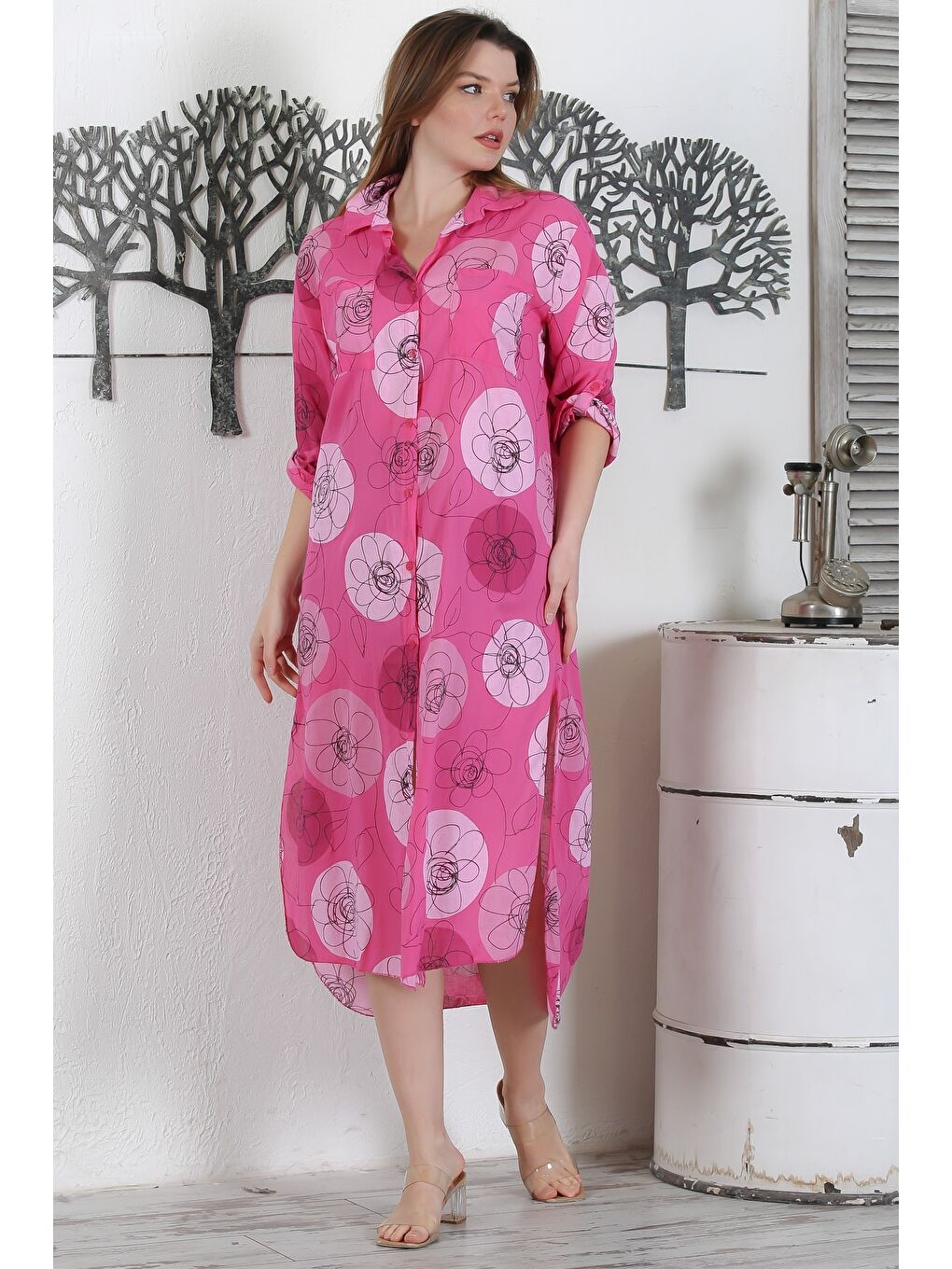 İtalyan Fuşya Düğmeli Uzun Kollu Çiçekli Çift Cepli Casual Dokuma Yazlık Elbise-3
