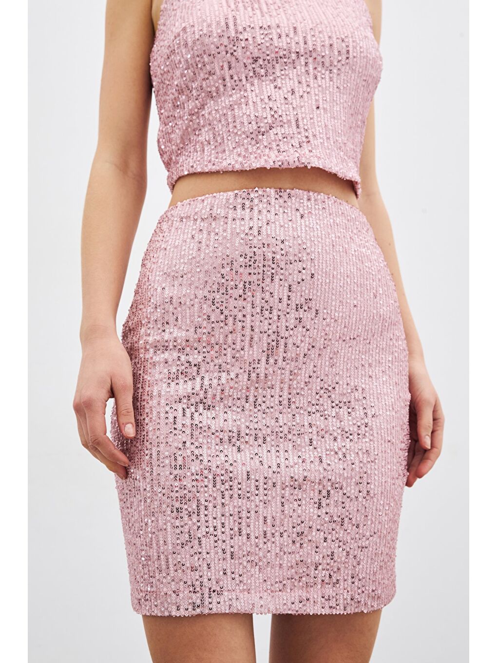 Pembe Payetli Mini Etek - Pudra-2