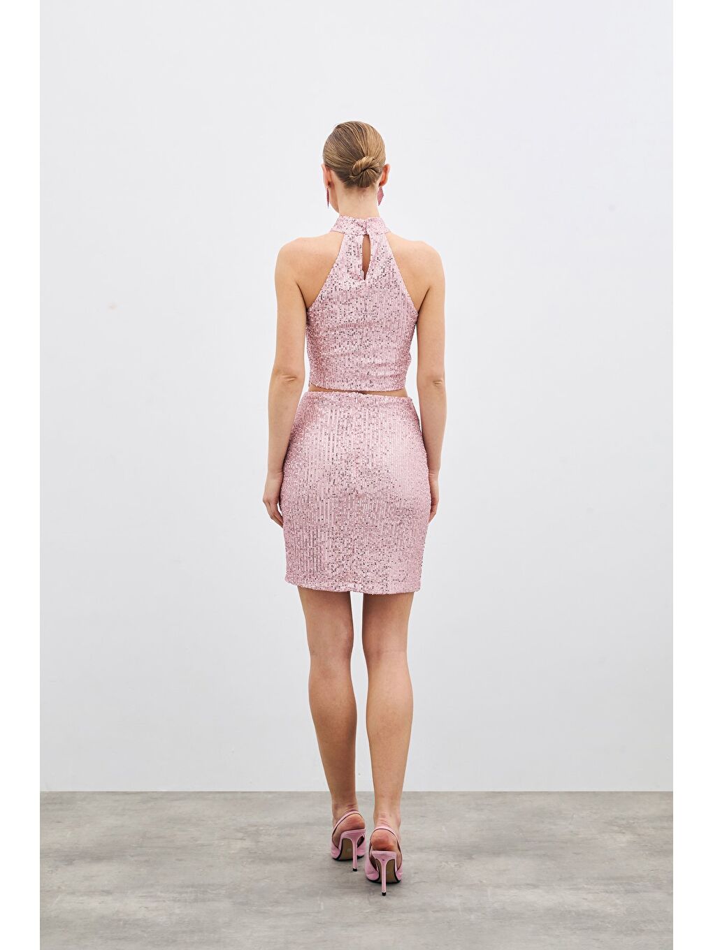 Pembe Payetli Mini Etek - Pudra-3
