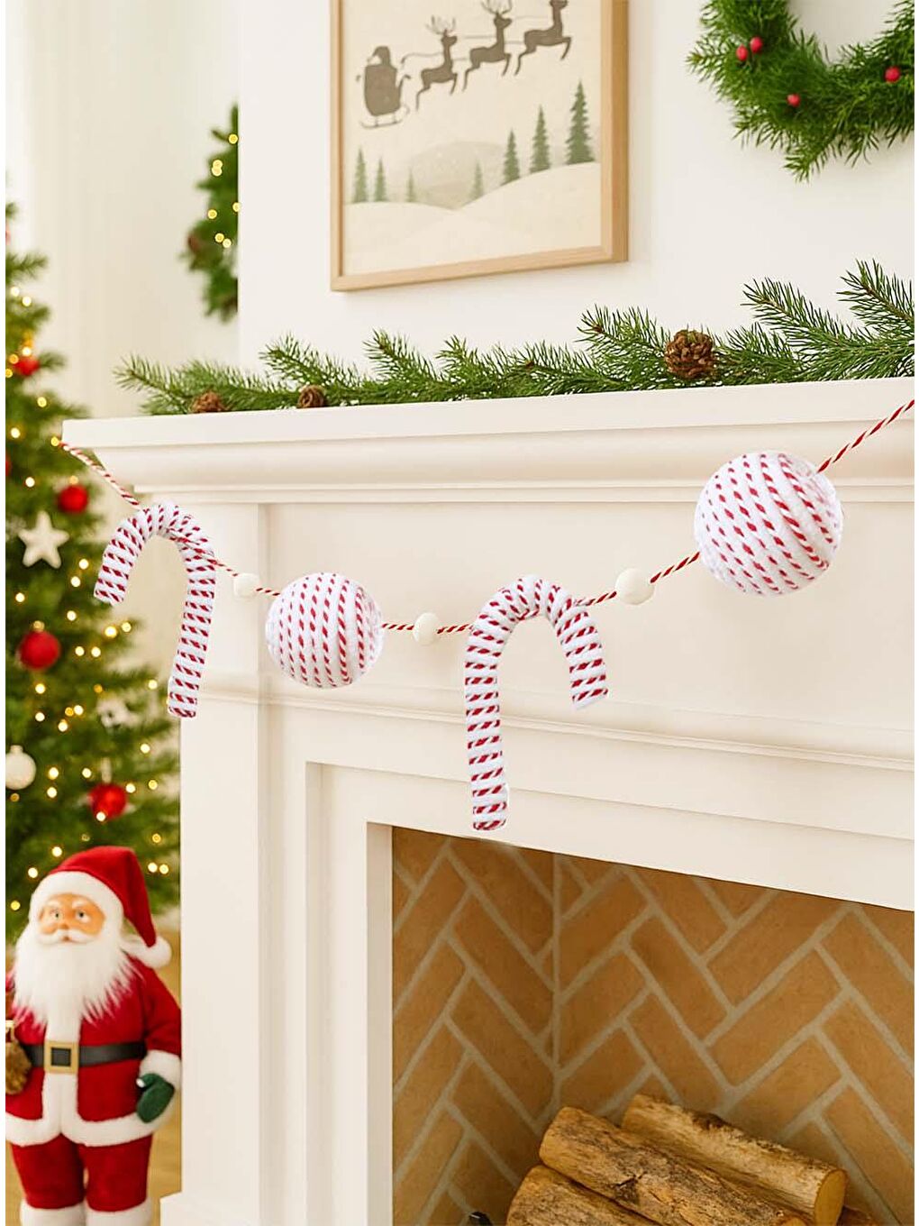 Yılbaşı Dekor Süsleri Baston Şeker Top Figürlü Garland Beyaz Kırmızı 180 cm