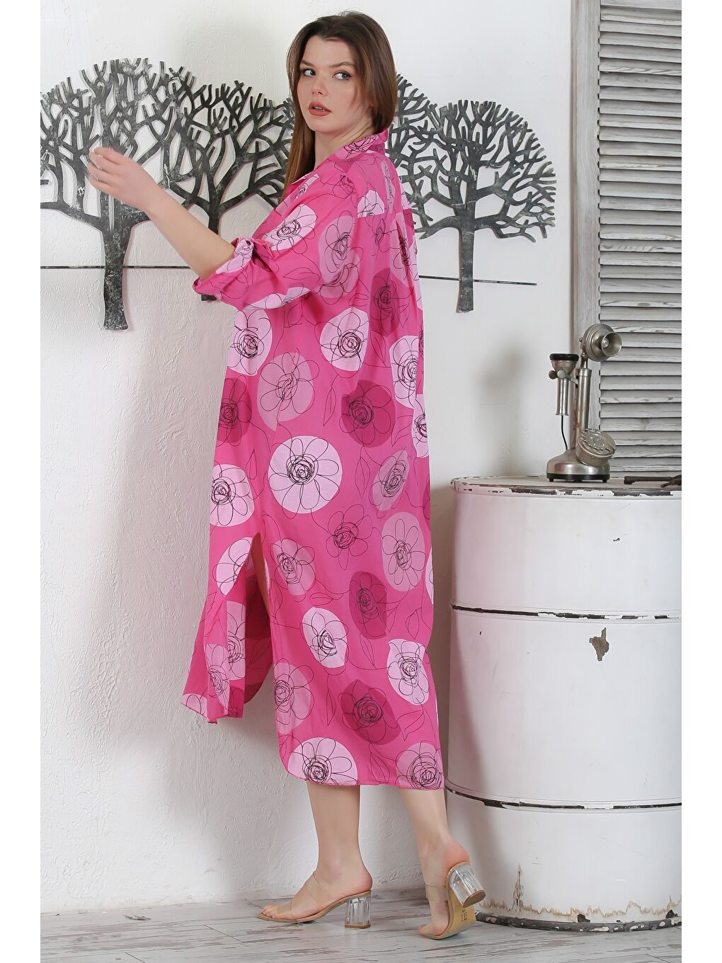 İtalyan Fuşya Düğmeli Uzun Kollu Çiçekli Çift Cepli Casual Dokuma Yazlık Elbise-7