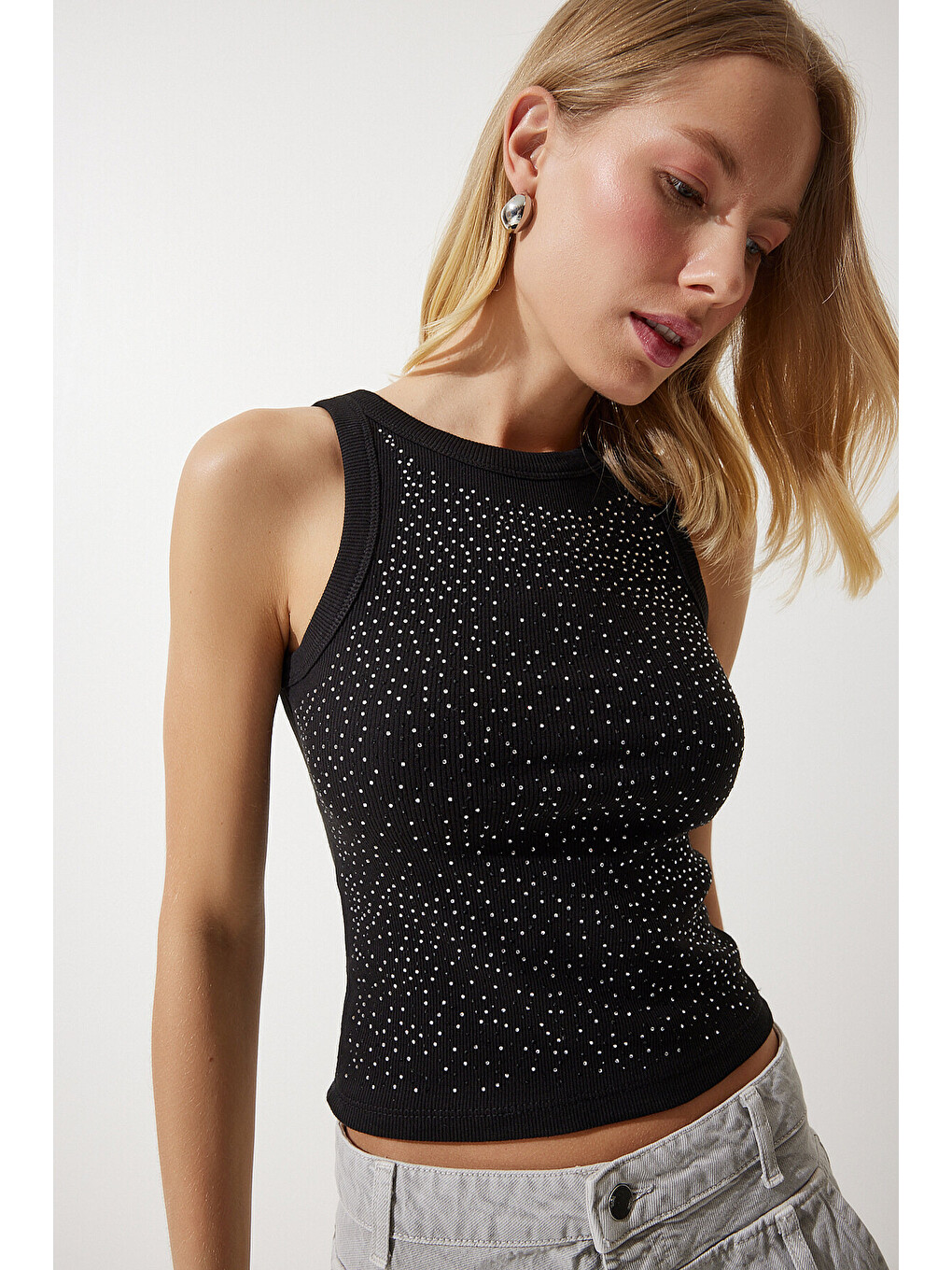Siyah Taş İşlemeli Crop Triko Bluz SİYAH LNJ0006-3