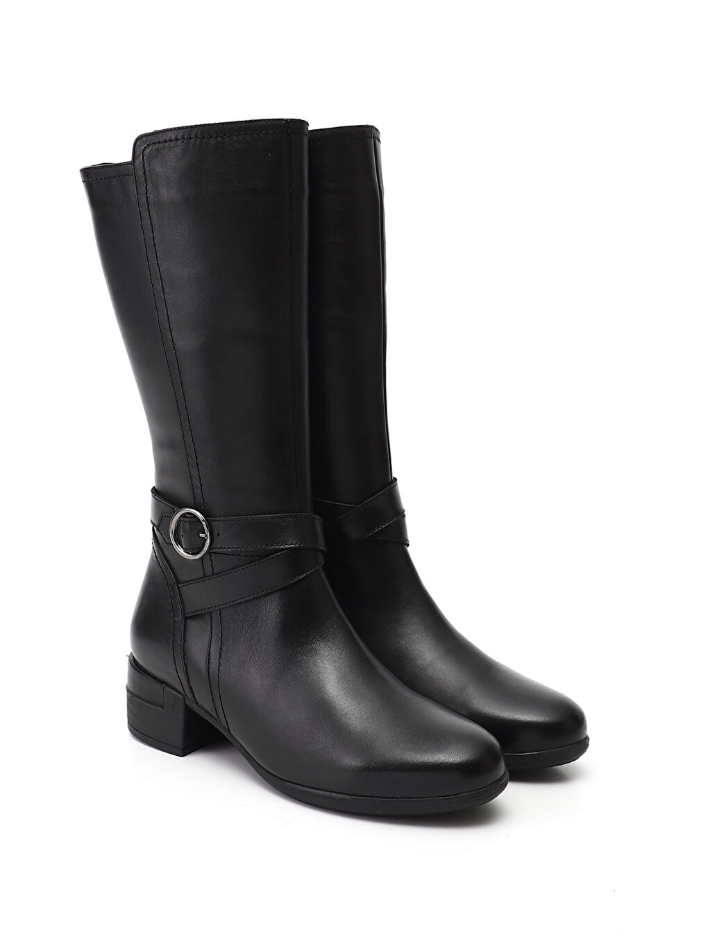 Siyah Kadın SİYAH Fermuarlı Kalın Topuklu Hakiki Deri Çizme-1