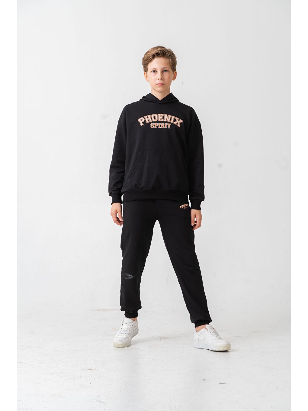 Siyah Phoenix Spirit Baskılı Kanguru Cepli Erkek Çocuk Alt Üst Eşofman Takımı-2