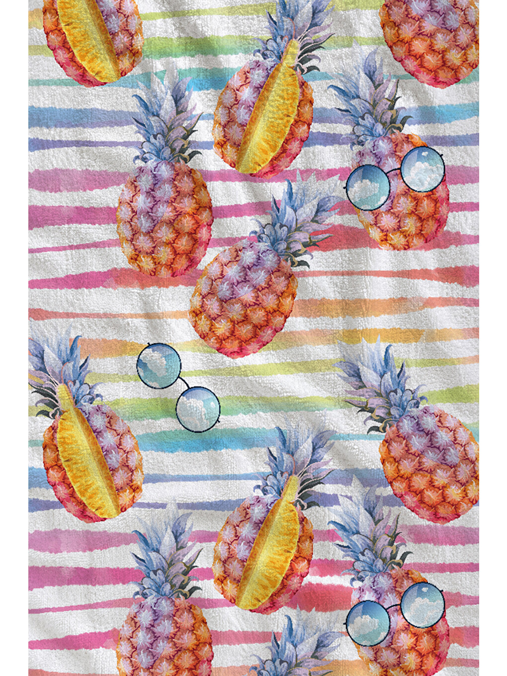 Yeşil Renkli Çizgili Ananas Ve Tropikal Kuş Desenli 70x150 Cm Dijital Baskılı Plaj Ve Banyo Havlusu-1