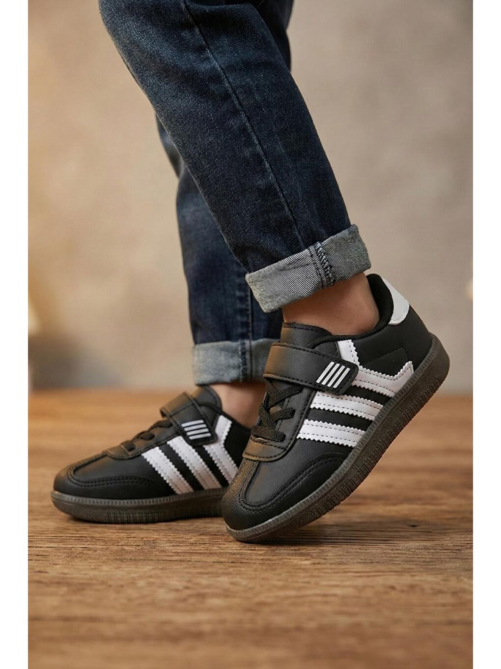 Siyah Samm Rahat Taban Cırtlı Bağcıklı Erkek Kız Çocuk Spor Ayakkabı-1