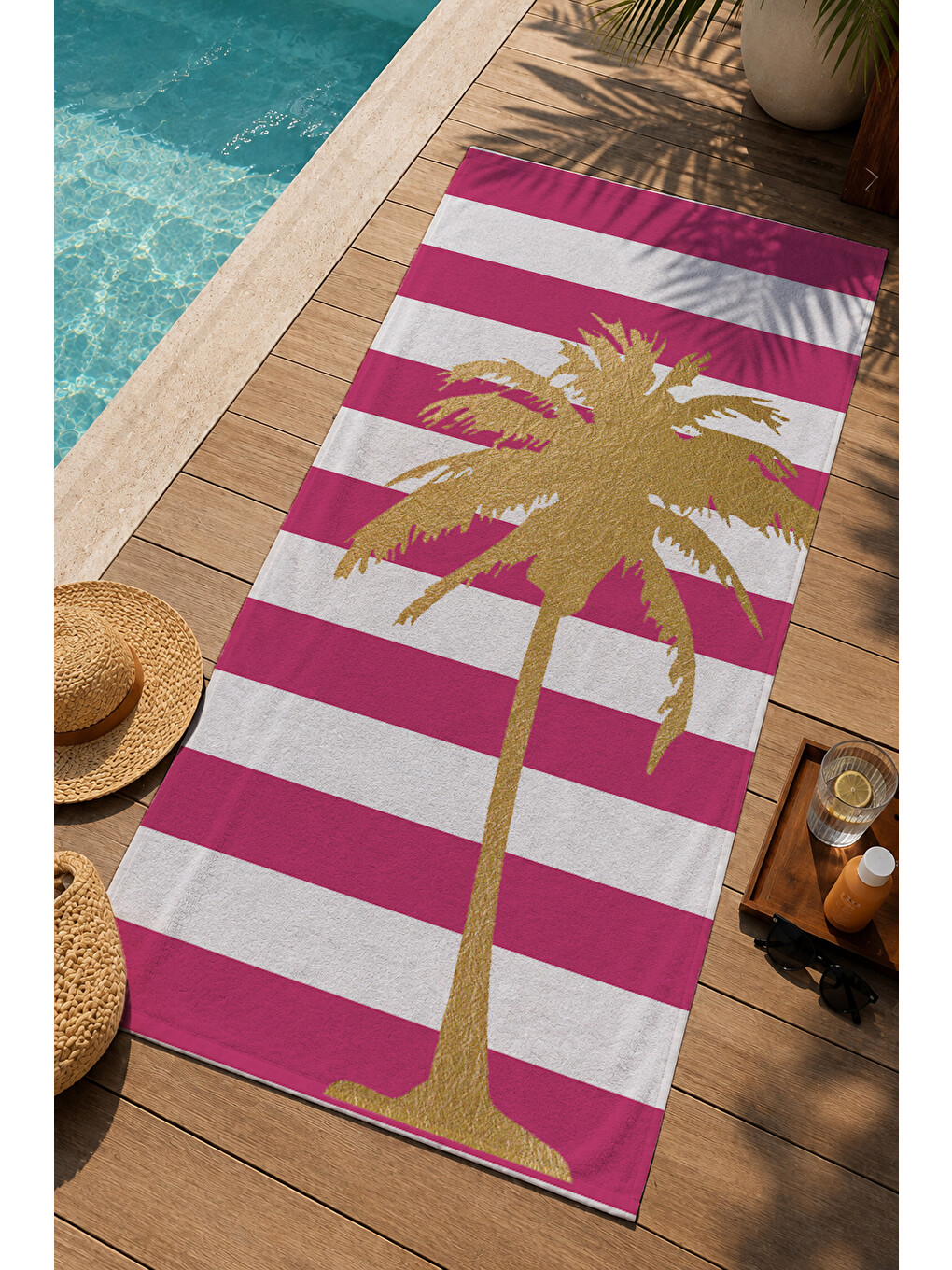 Fuşya Beyaz Çizgili Altın Deniz Yıldızı Desenli 70x150 Cm Dijital Baskılı Plaj Ve Banyo Havlusu-2
