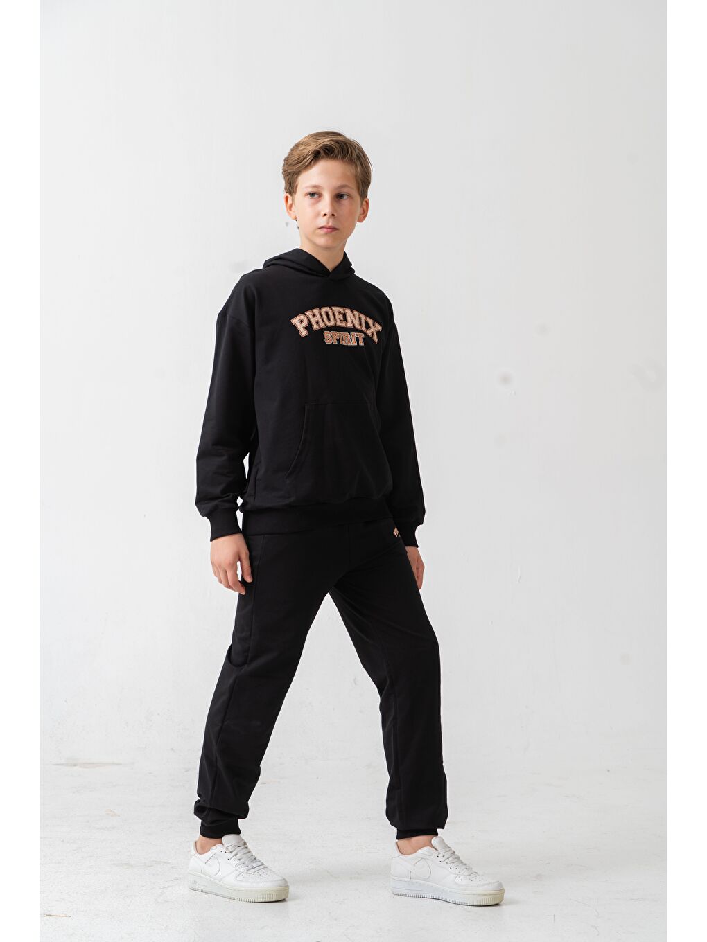 Siyah Phoenix Spirit Baskılı Kanguru Cepli Erkek Çocuk Alt Üst Eşofman Takımı-3