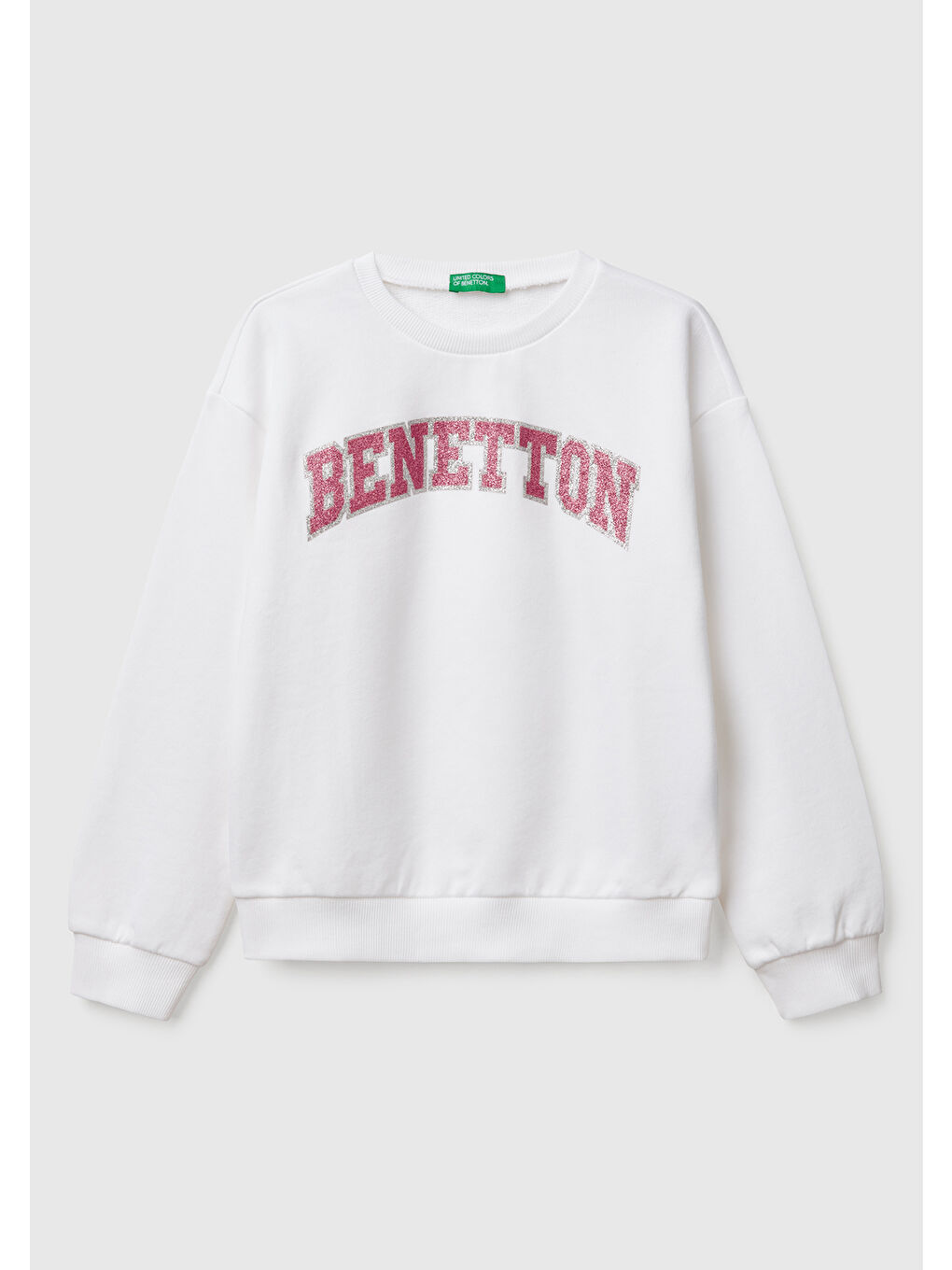 Kız Çocuk Beyaz Simli Benetton Logo Baskılı Bisiklet Yaka Sweatshirt
