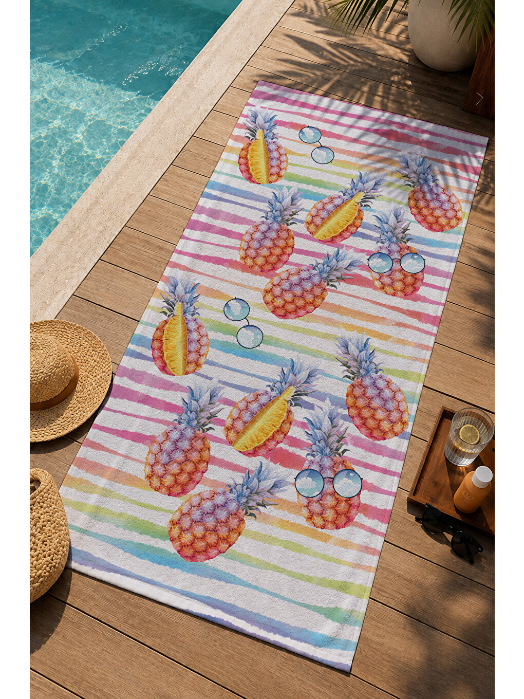 Yeşil Renkli Çizgili Ananas Ve Tropikal Kuş Desenli 70x150 Cm Dijital Baskılı Plaj Ve Banyo Havlusu-2