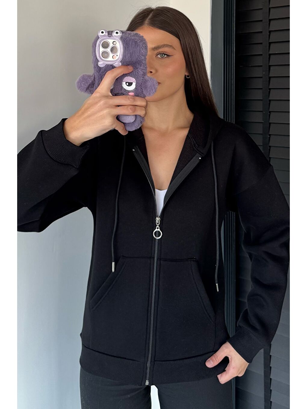 Siyah Kadın Üç İplik Şardonlu Kapüşonlu Sweatshirt