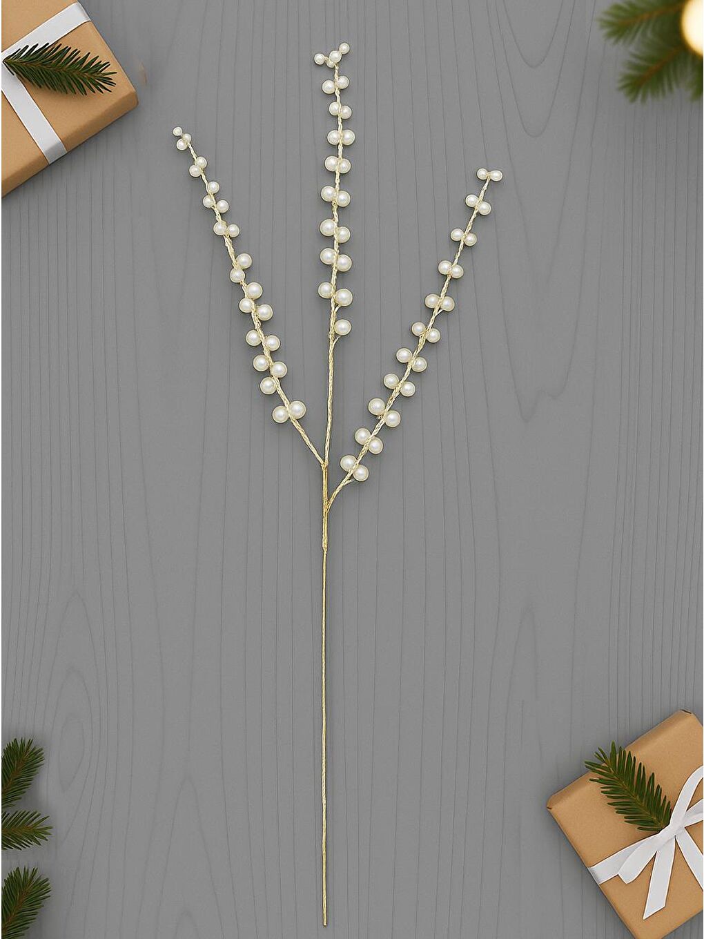 Beyaz Yılbaşı Dekoru Altın Gövdeli İncili Dekoratif Süs Dalı 75 cm-1
