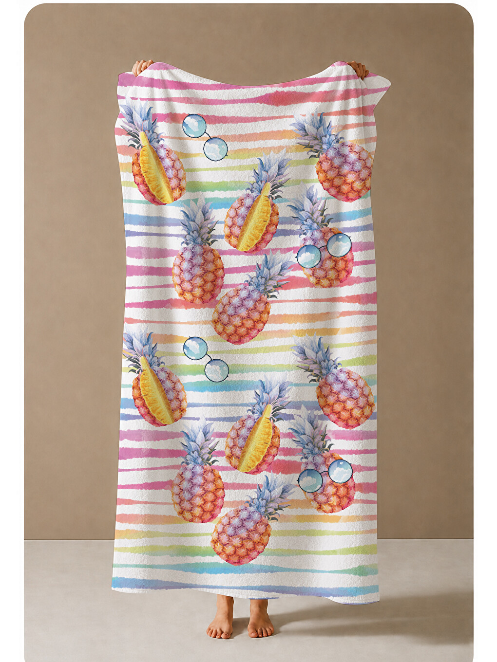 Yeşil Renkli Çizgili Ananas Ve Tropikal Kuş Desenli 70x150 Cm Dijital Baskılı Plaj Ve Banyo Havlusu-3