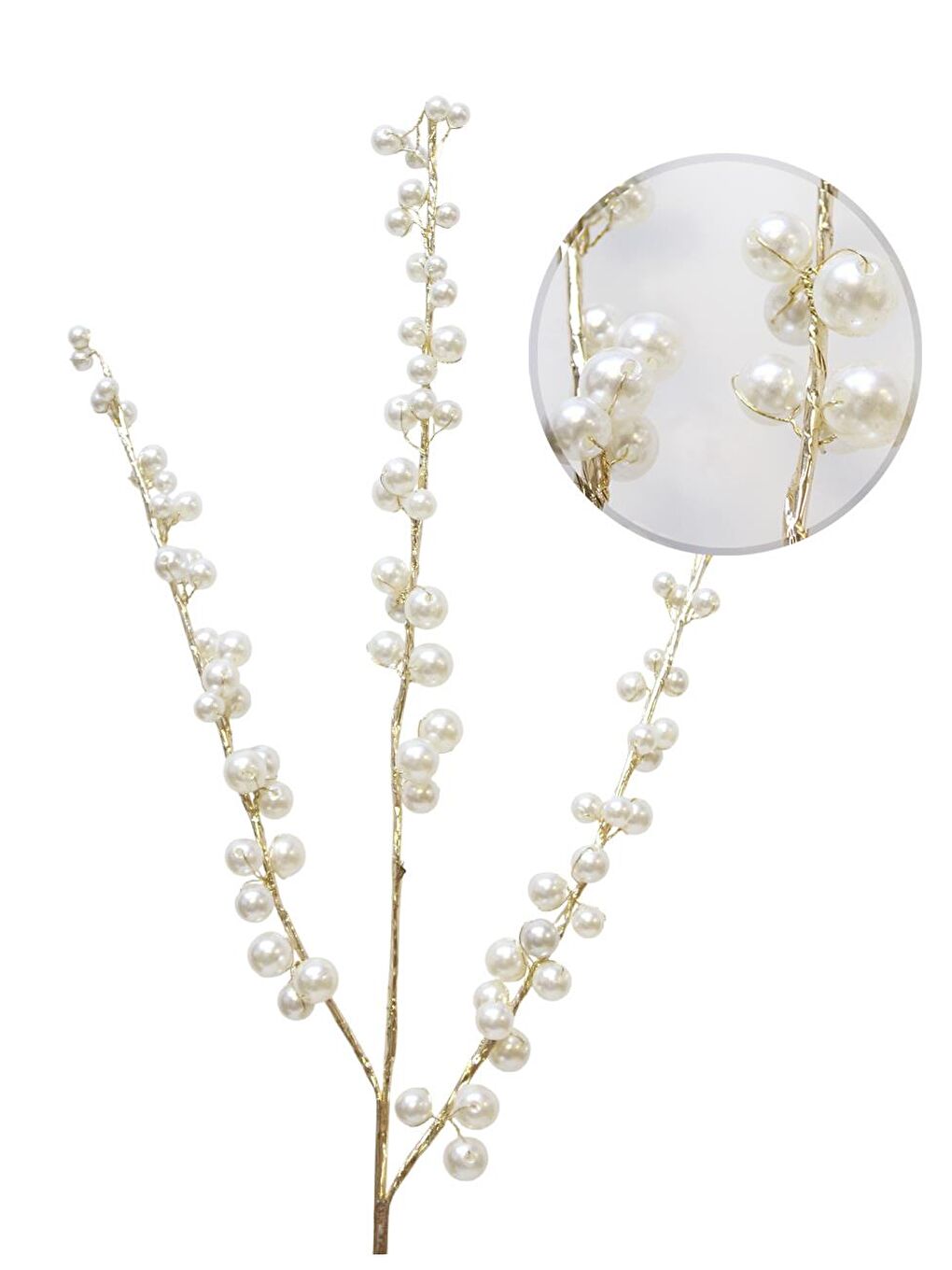 Beyaz Yılbaşı Dekoru Altın Gövdeli İncili Dekoratif Süs Dalı 75 cm-2