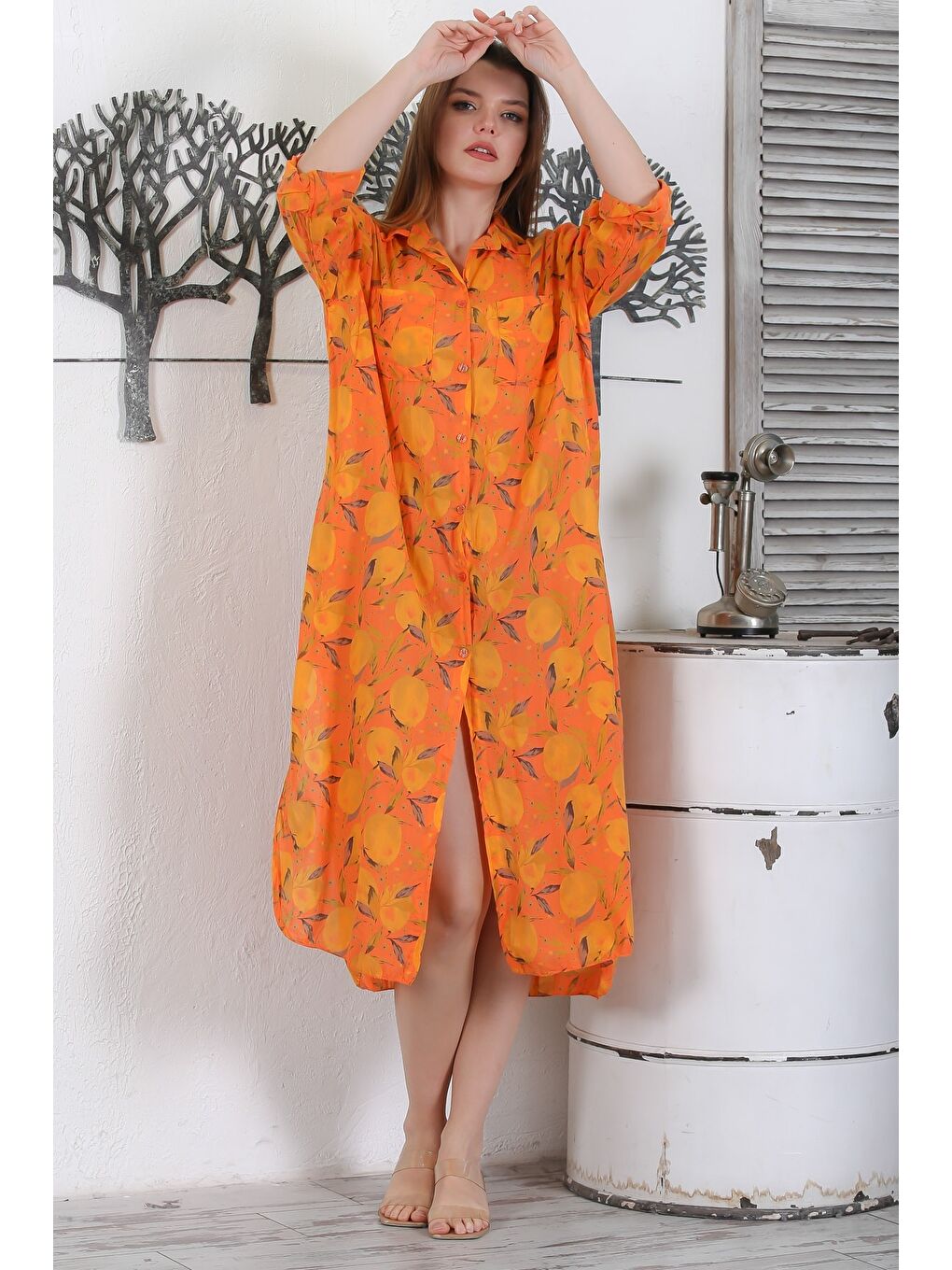 İtalyan Turuncu Düğmeli Uzun Kollu Desenli Çift Cepli Casual Dokuma Yazlık Elbise 130 65