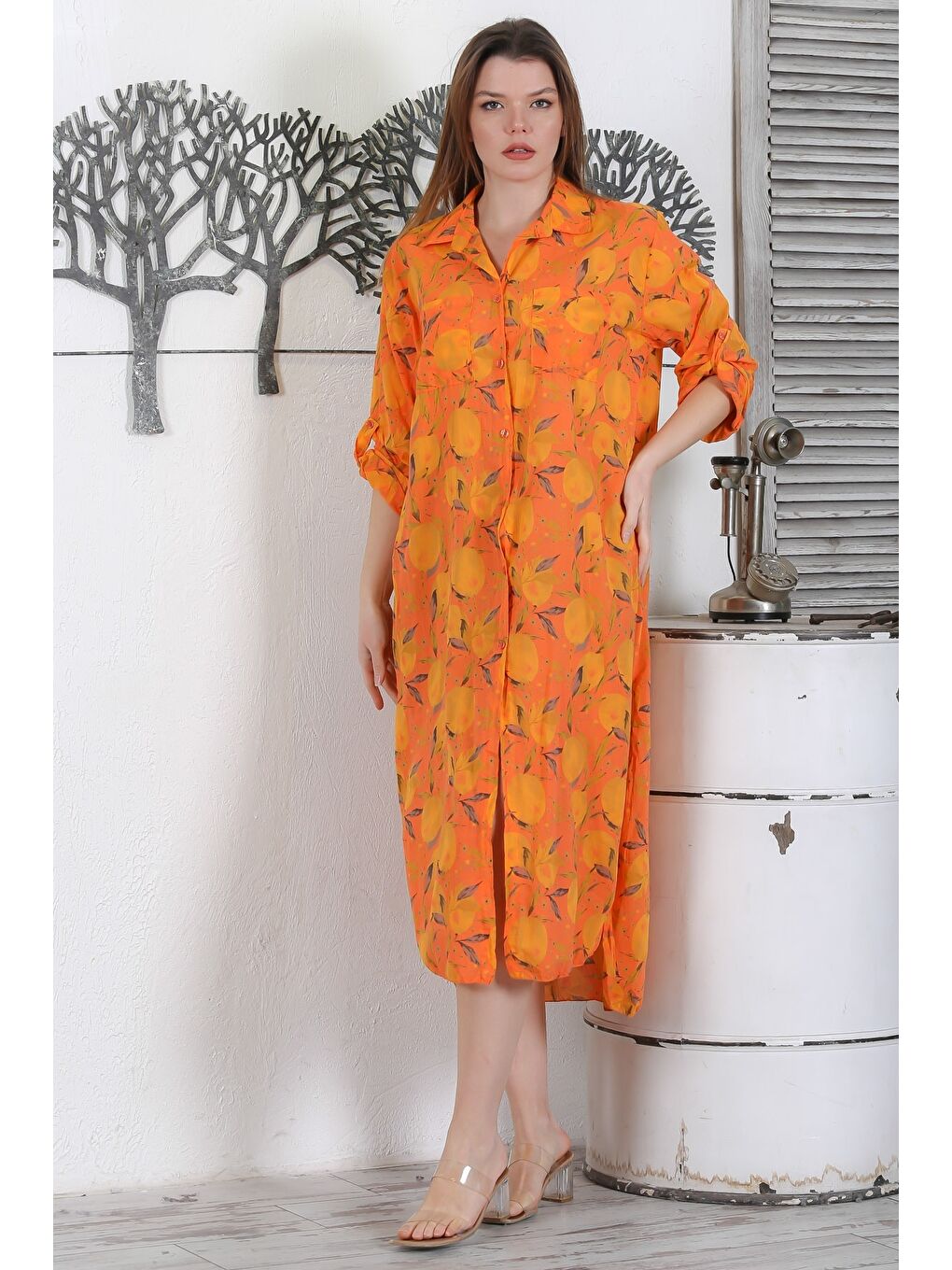 İtalyan Turuncu Düğmeli Uzun Kollu Desenli Çift Cepli Casual Dokuma Yazlık Elbise 130 65-1