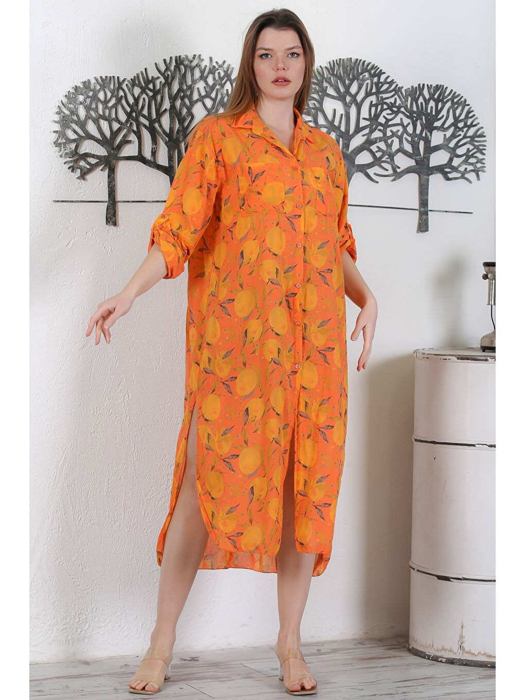 İtalyan Turuncu Düğmeli Uzun Kollu Desenli Çift Cepli Casual Dokuma Yazlık Elbise 130 65-2