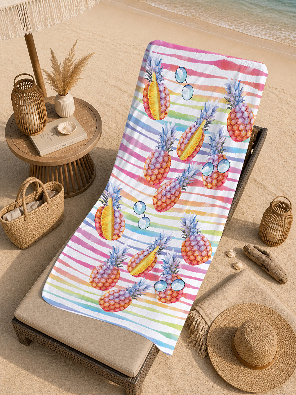 Yeşil Renkli Çizgili Ananas Ve Tropikal Kuş Desenli 70x150 Cm Dijital Baskılı Plaj Ve Banyo Havlusu-4