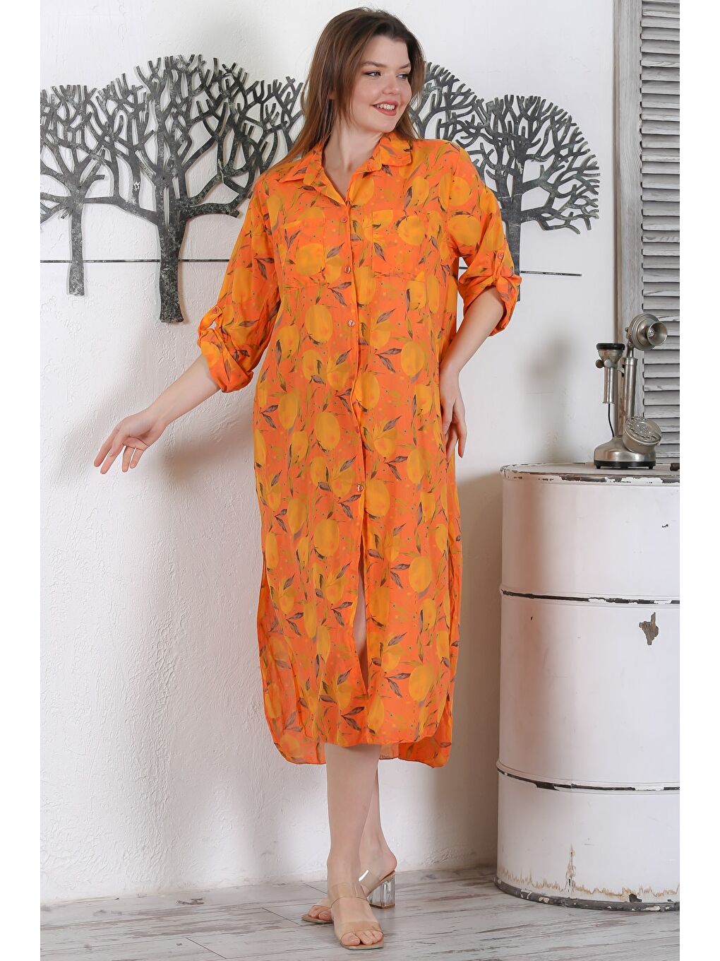 İtalyan Turuncu Düğmeli Uzun Kollu Desenli Çift Cepli Casual Dokuma Yazlık Elbise 130 65-3