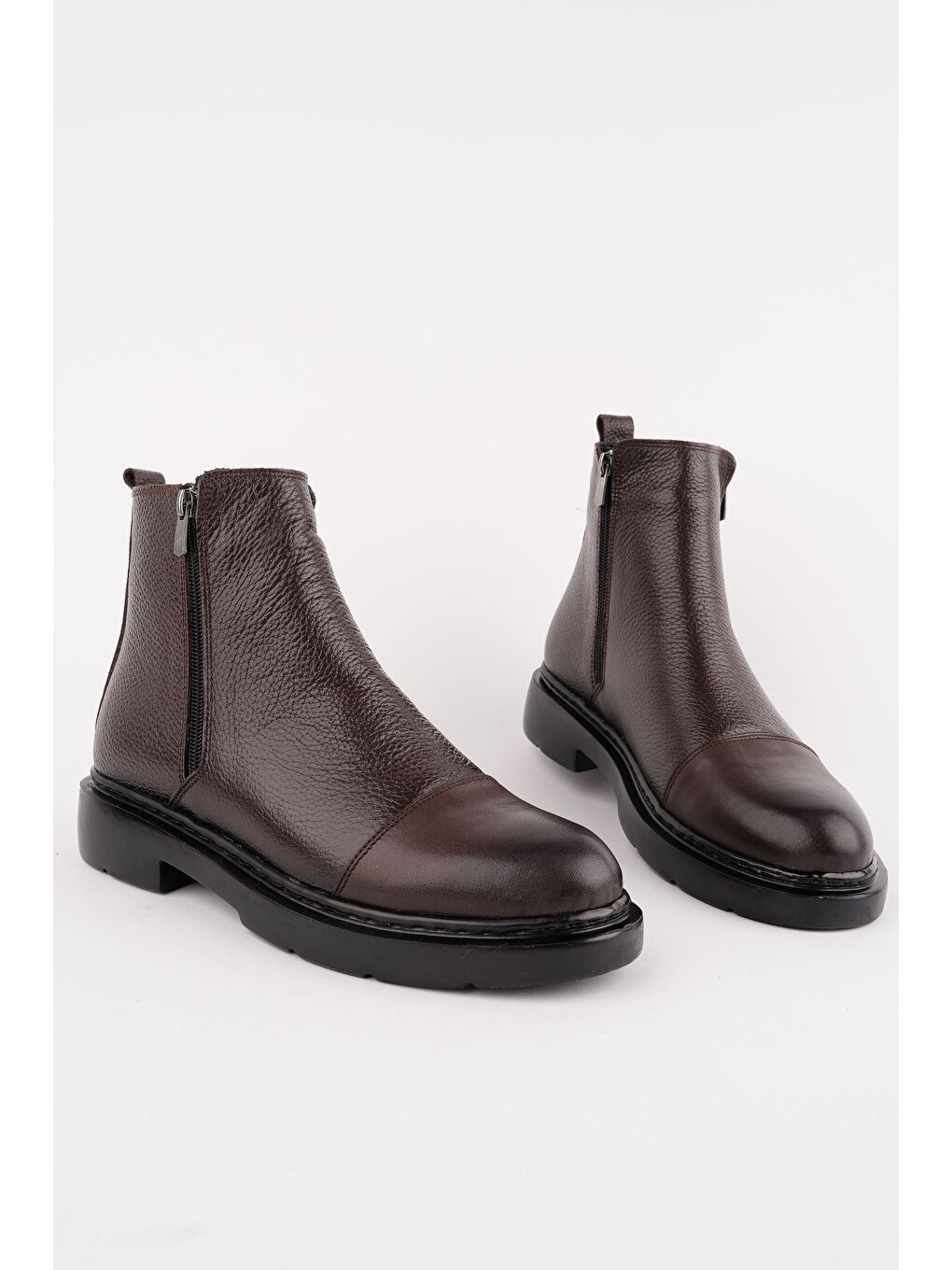 Kahverengi DRAKO Hakiki Deri Çift Fermuarlı Erkek Kışlık Chelsea Bot