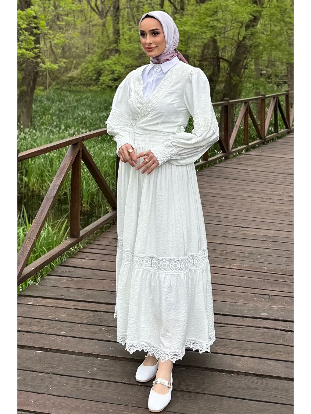 Beyaz Fistolu Bel Bağlamalı Gömlek Etek Tesettür İkili Takım (s-m-l Uygundur)-3