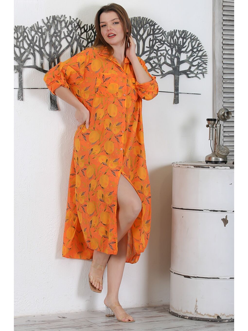 İtalyan Turuncu Düğmeli Uzun Kollu Desenli Çift Cepli Casual Dokuma Yazlık Elbise 130 65-4