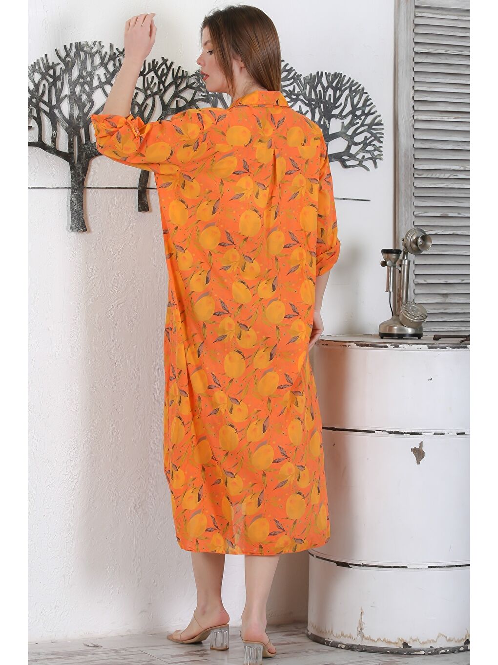 İtalyan Turuncu Düğmeli Uzun Kollu Desenli Çift Cepli Casual Dokuma Yazlık Elbise 130 65-5
