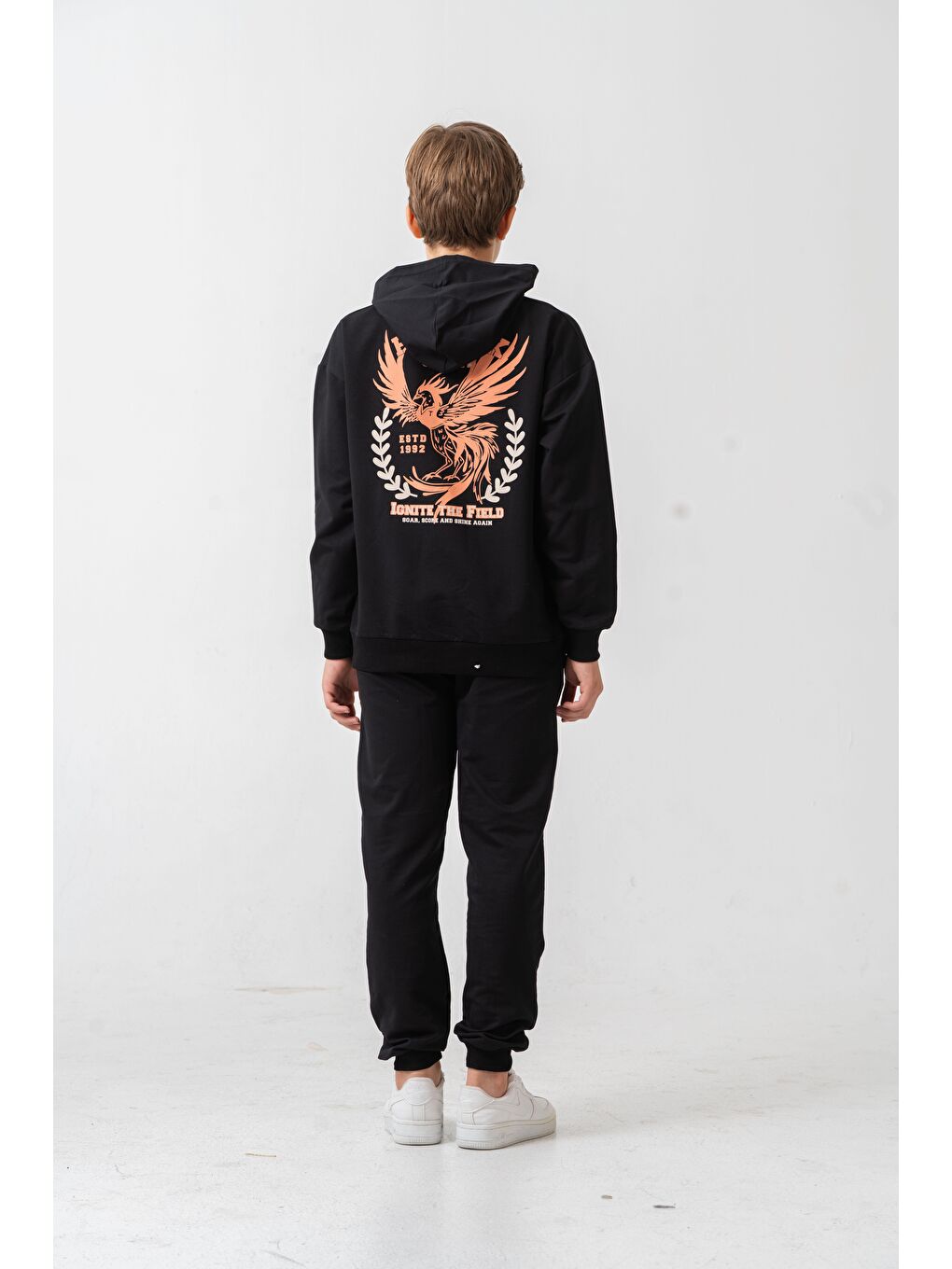 Siyah Phoenix Spirit Baskılı Kanguru Cepli Erkek Çocuk Alt Üst Eşofman Takımı-4