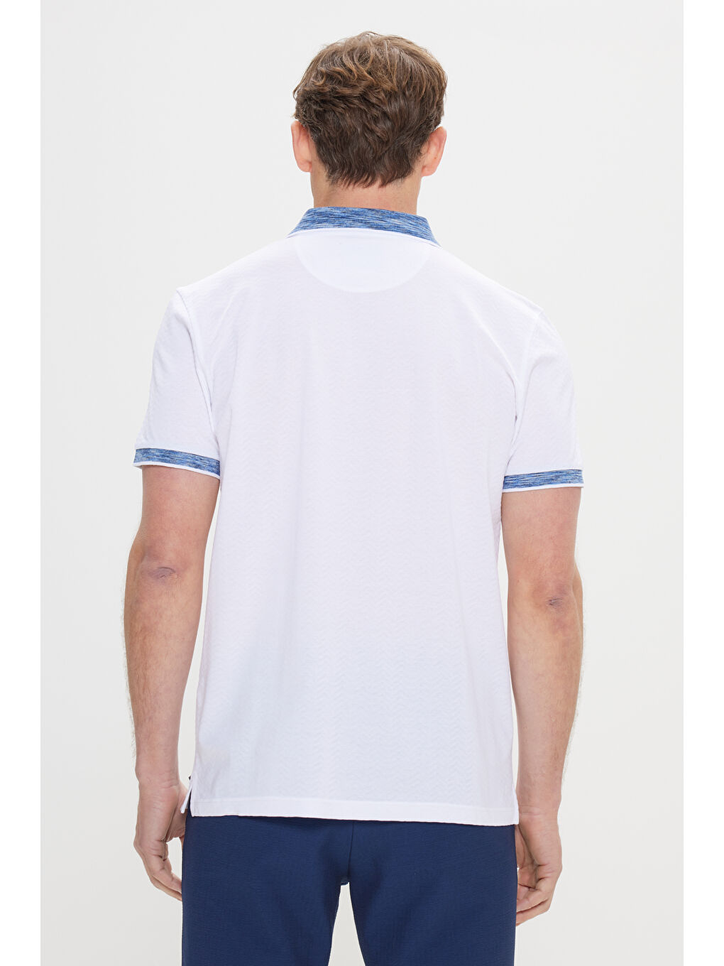 Erkek Beyaz-Lacivert Slim Fit Dar Kesim %100 Pamuk Jakarlı Polo Yaka Tişört-4