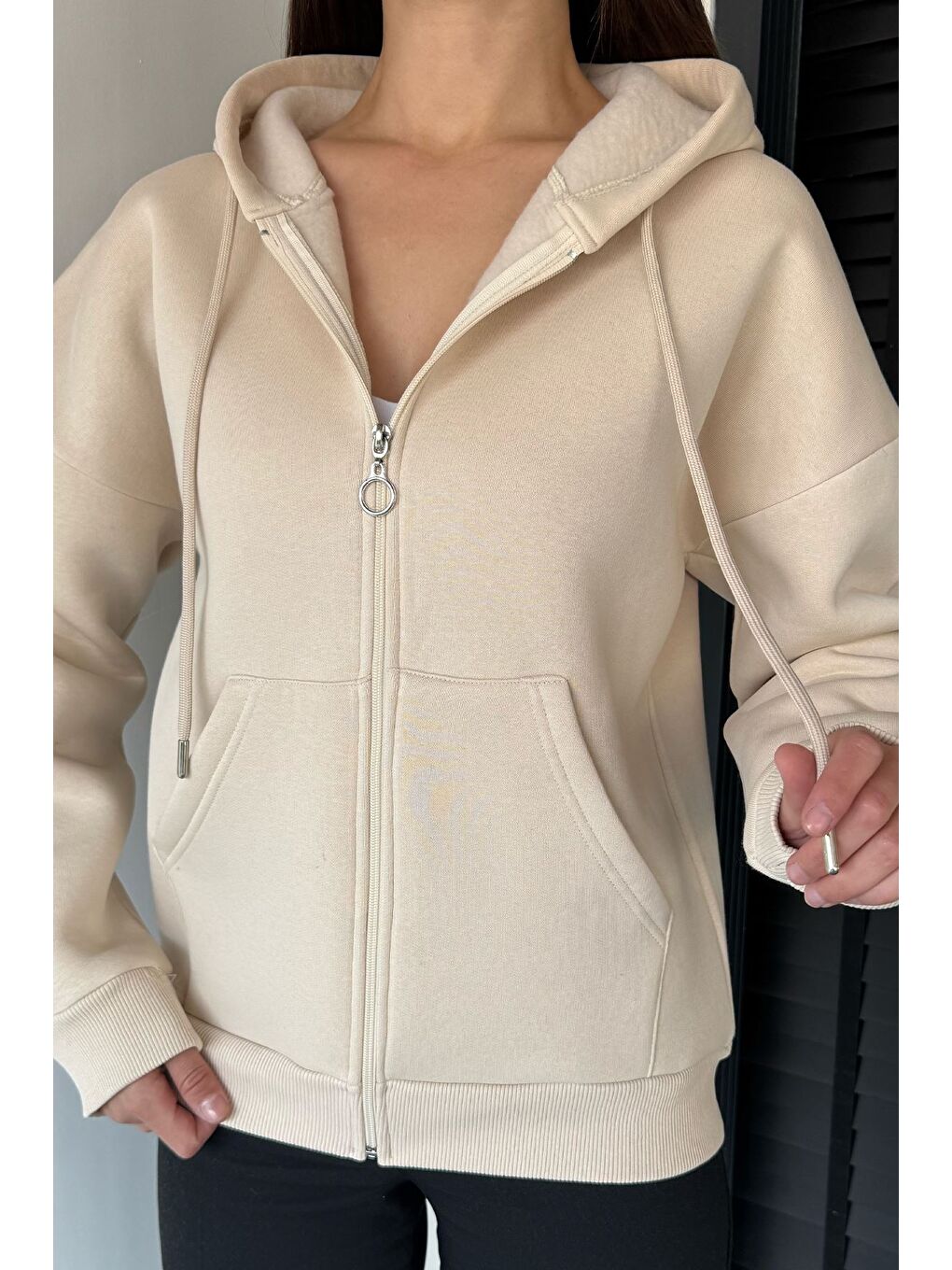 Bej Kadın Üç İplik Şardonlu Kapüşonlu Sweatshirt