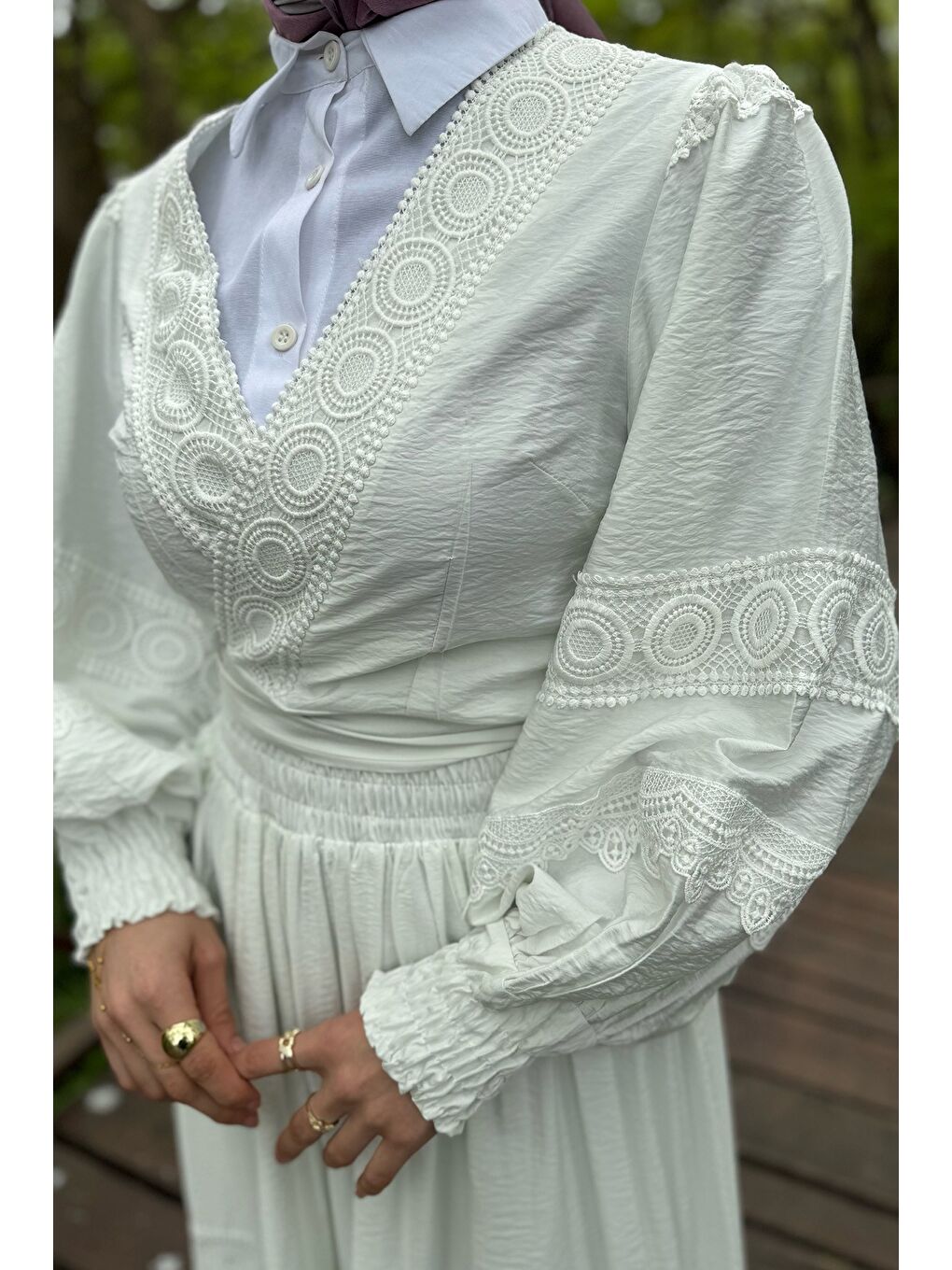 Beyaz Fistolu Bel Bağlamalı Gömlek Etek Tesettür İkili Takım (s-m-l Uygundur)-5