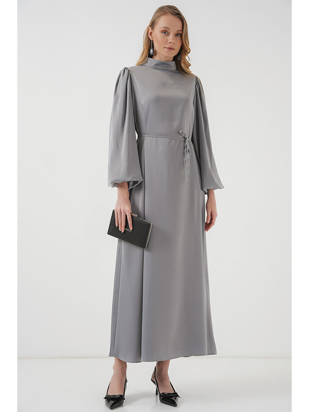 2510 Saten Tesettür Abiye Elbise - Gri