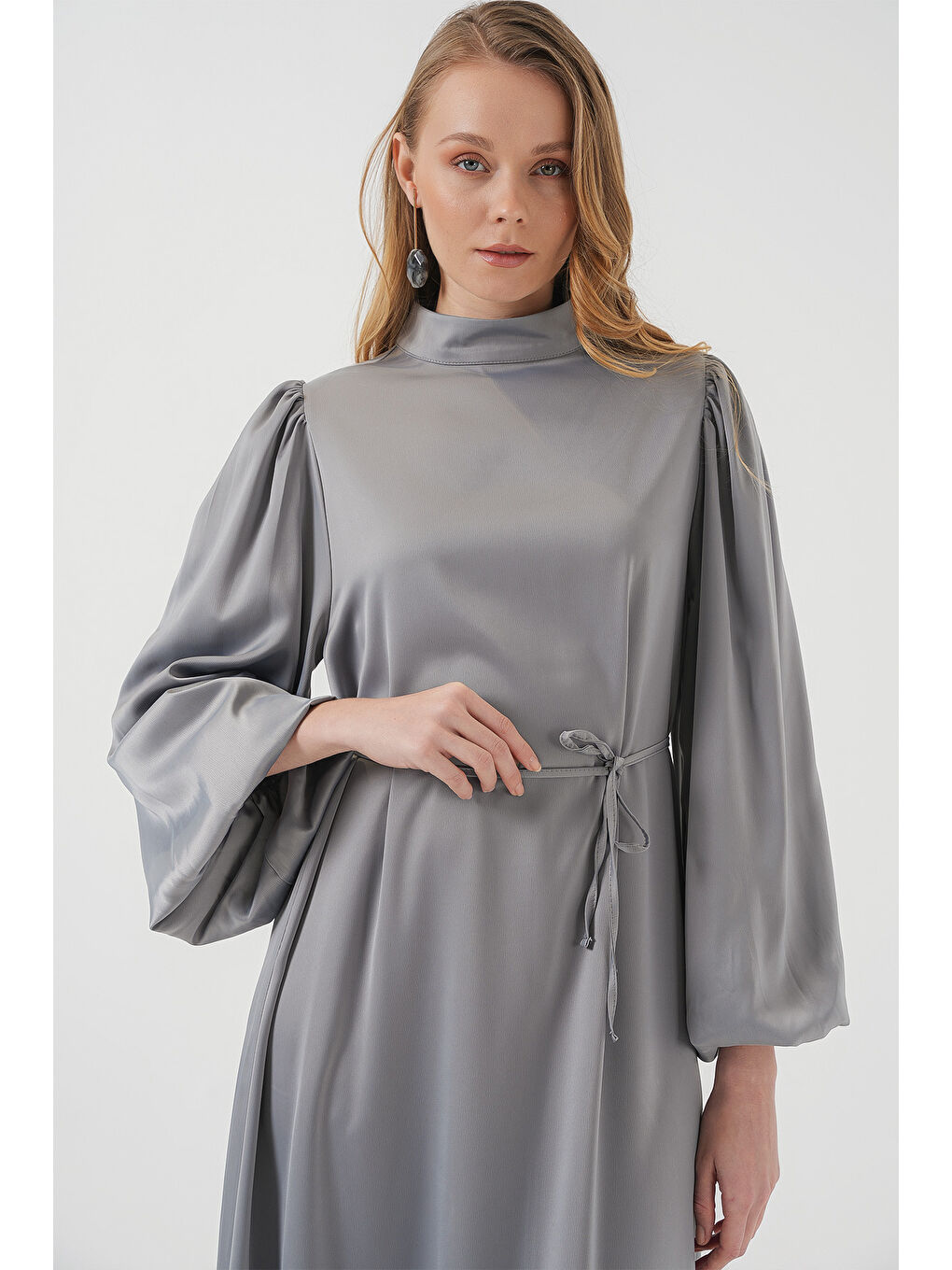 2510 Saten Tesettür Abiye Elbise - Gri-1