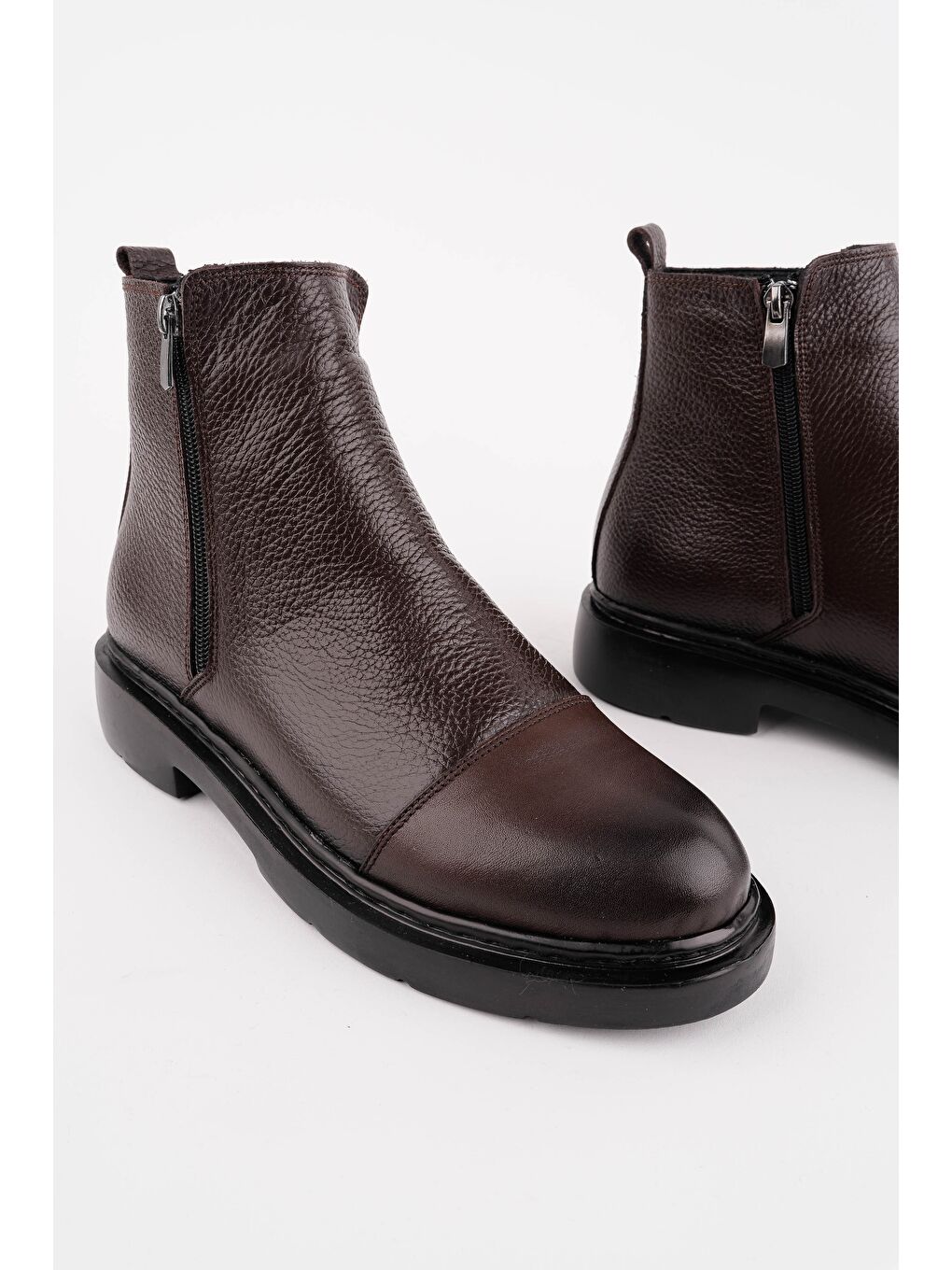 Kahverengi DRAKO Hakiki Deri Çift Fermuarlı Erkek Kışlık Chelsea Bot-1