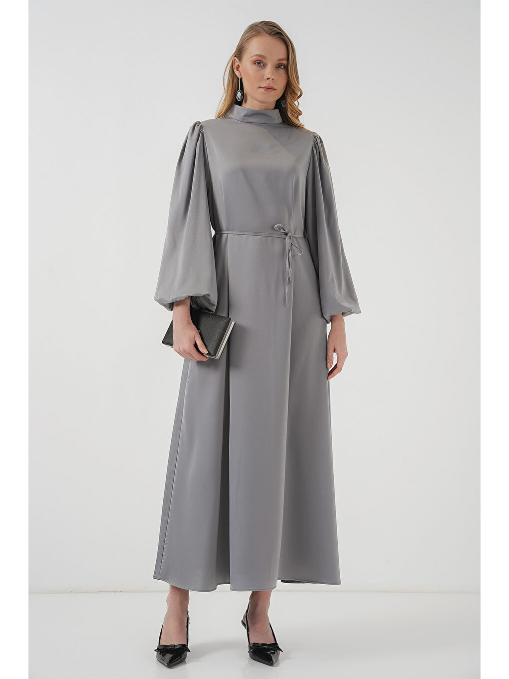 2510 Saten Tesettür Abiye Elbise - Gri-2