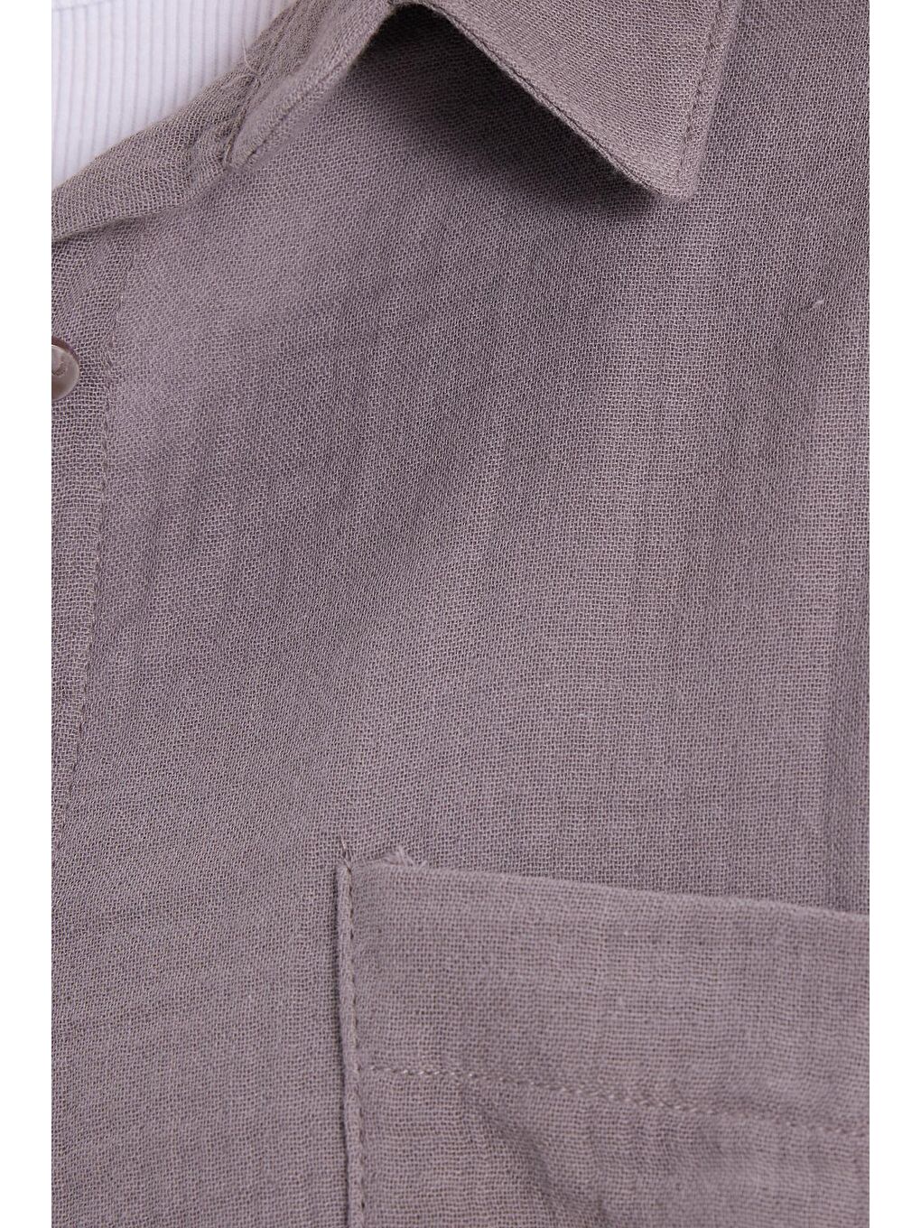 Kadın Oversize Geniş Kesim %100 Pamuk Müslin Kumaş Uzun Kollu Cepli Dokulu Gri Gömlek-6