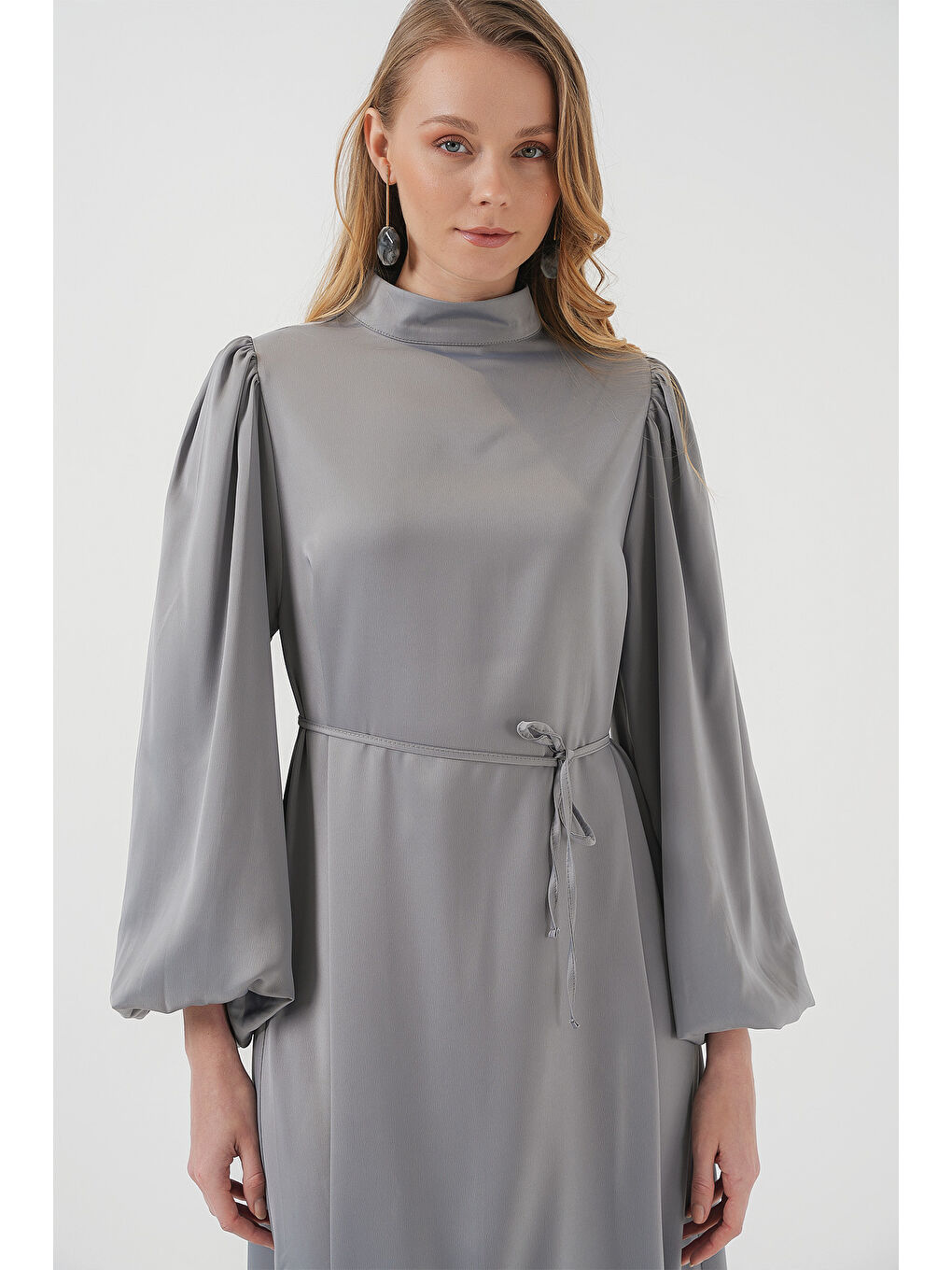 2510 Saten Tesettür Abiye Elbise - Gri-3