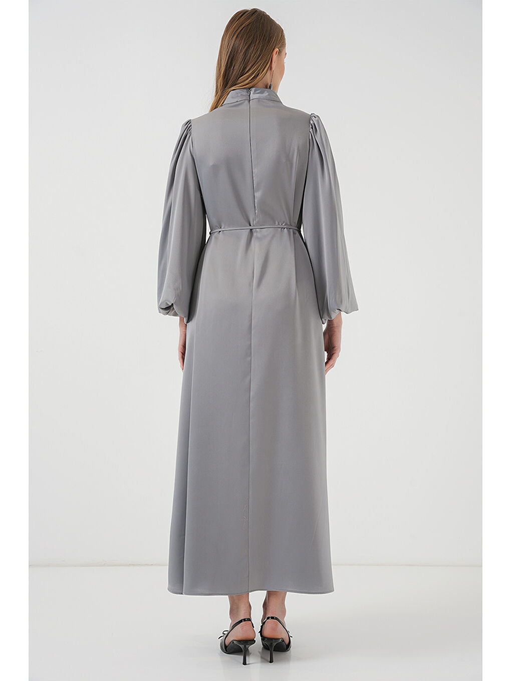 2510 Saten Tesettür Abiye Elbise - Gri-5