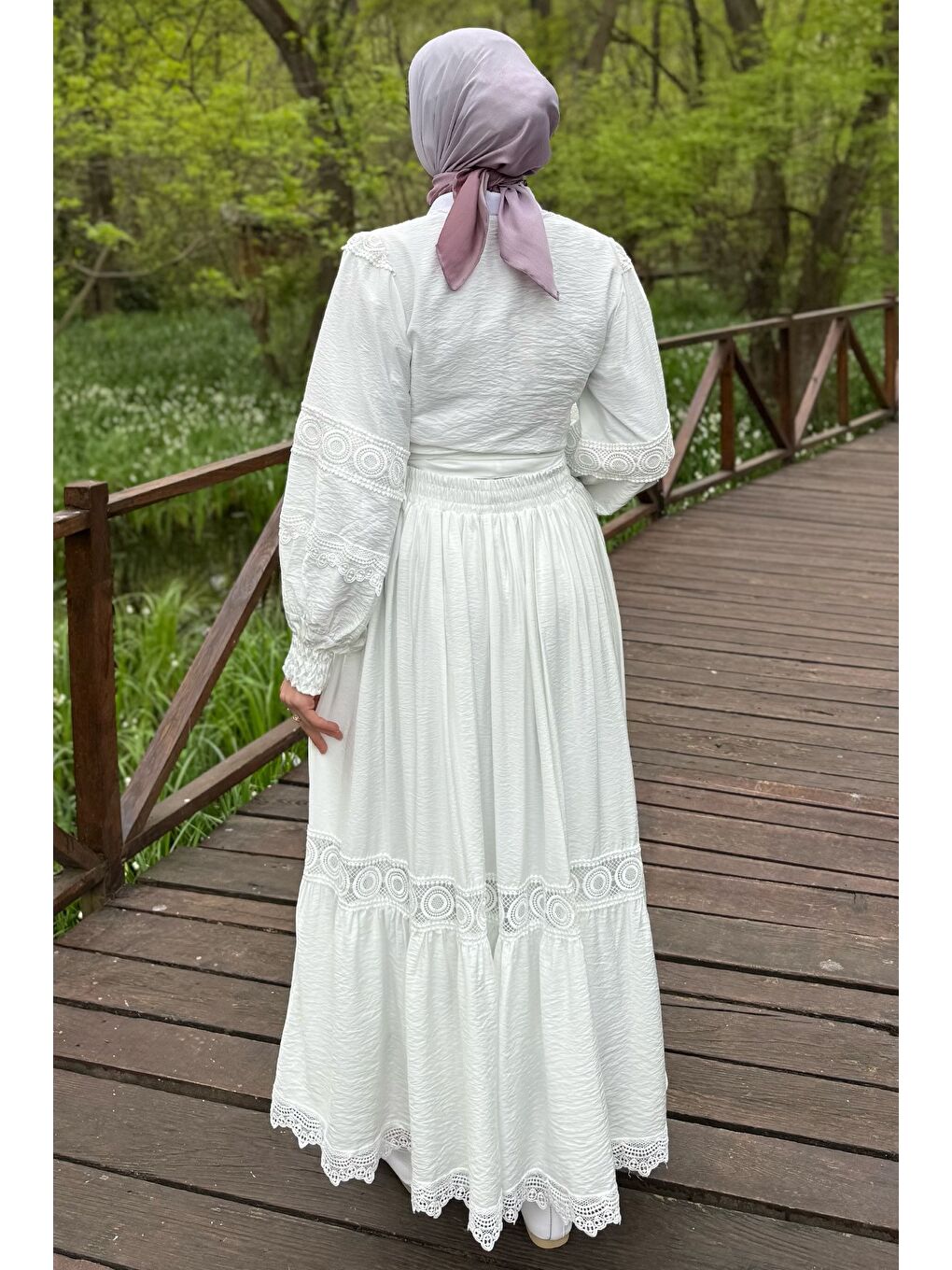 Beyaz Fistolu Bel Bağlamalı Gömlek Etek Tesettür İkili Takım (s-m-l Uygundur)-6