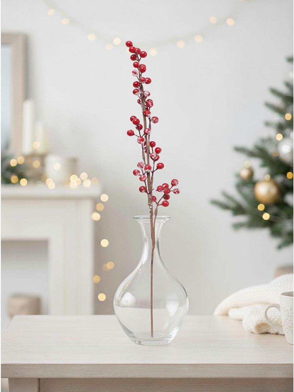 Yılbaşı Dekoru Kar Efektli Kokina Berry Yapay Dal Kırmızı 70 cm