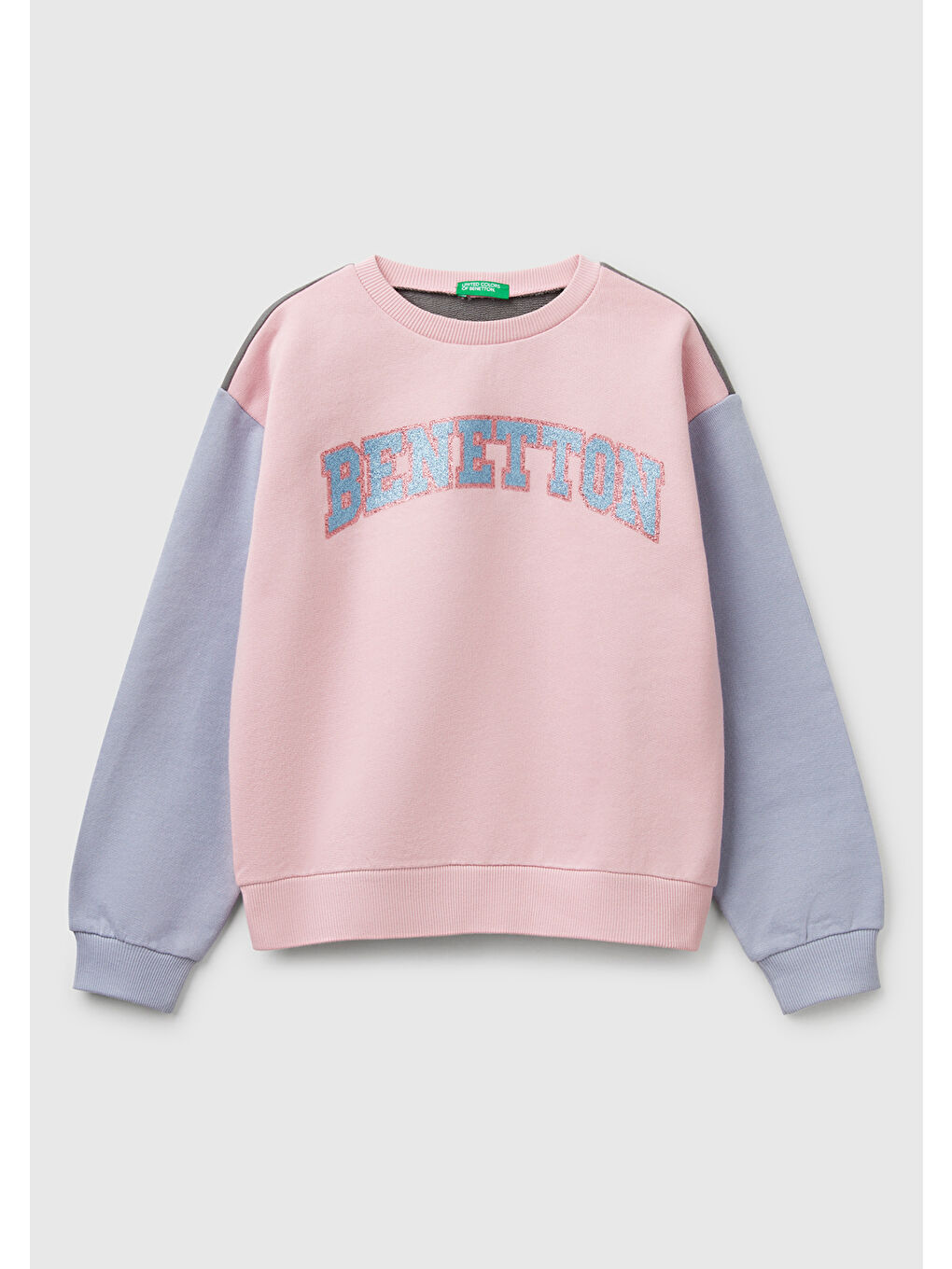 Kız Çocuk Pembe Mix Simli Benetton Logo Baskılı Bisiklet Yaka Sweatshirt