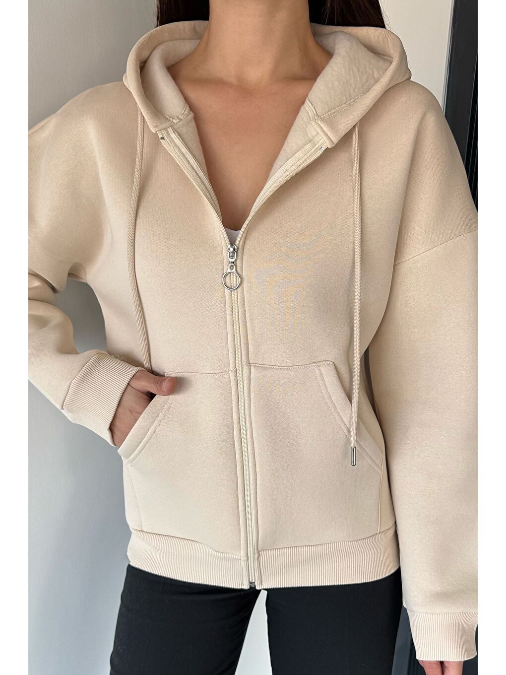 Bej Kadın Üç İplik Şardonlu Kapüşonlu Sweatshirt-2