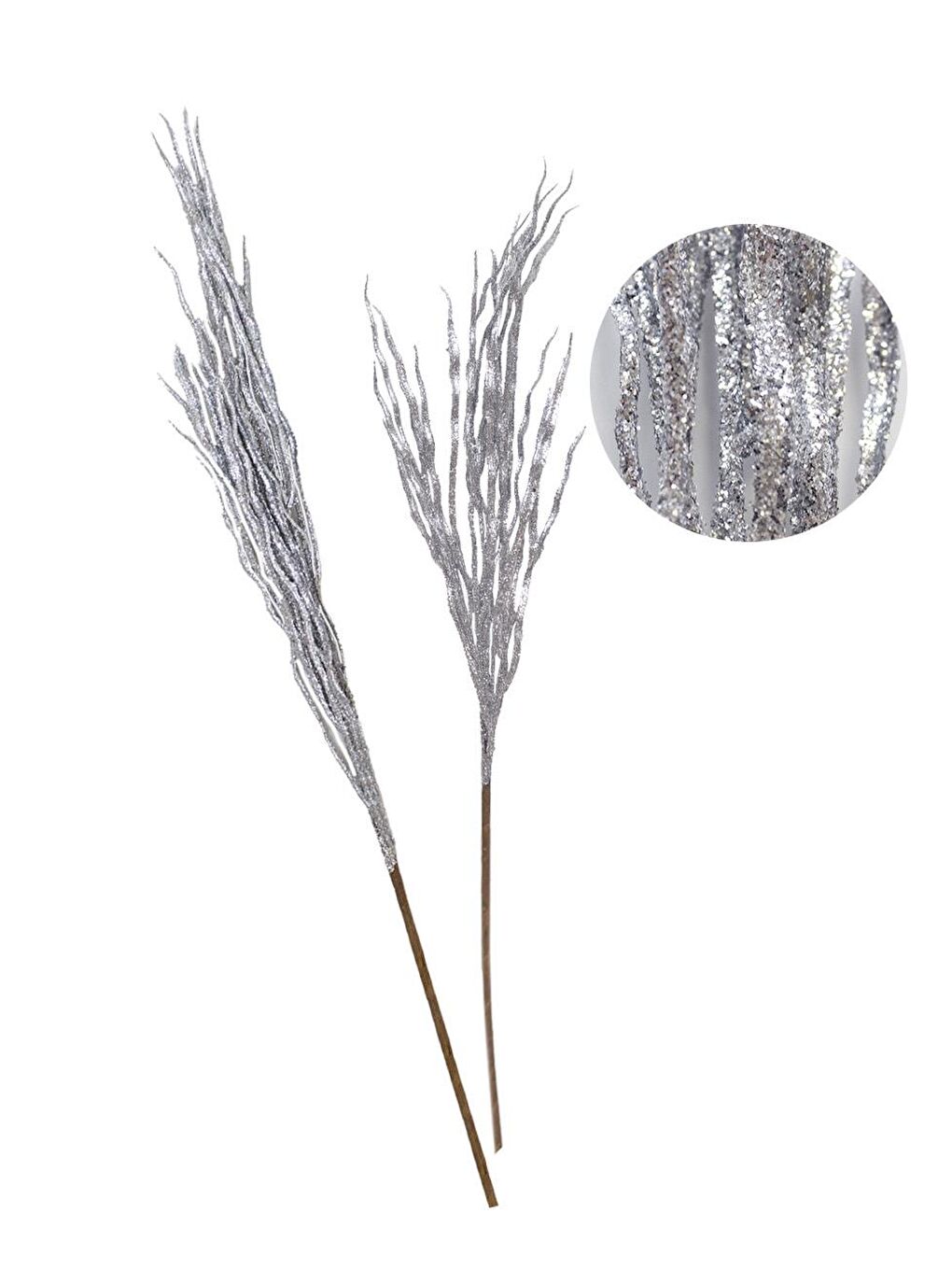 Gri Gümüş Simli Yılbaşı Dekor Dalı – Silver Glitter Parlak Ağaç Süsü 70 cm-2