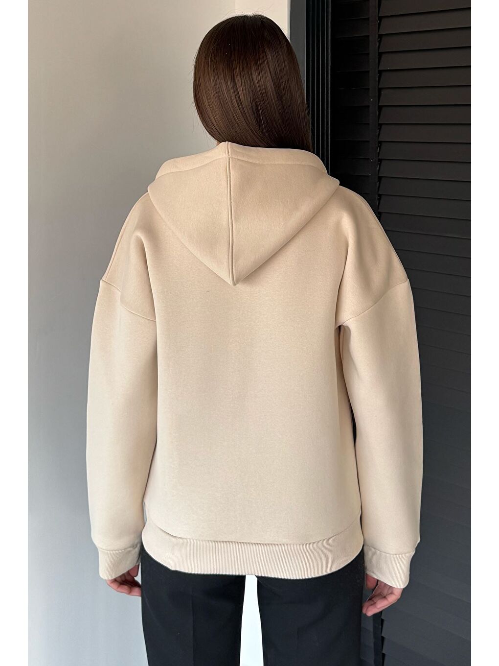 Bej Kadın Üç İplik Şardonlu Kapüşonlu Sweatshirt-3