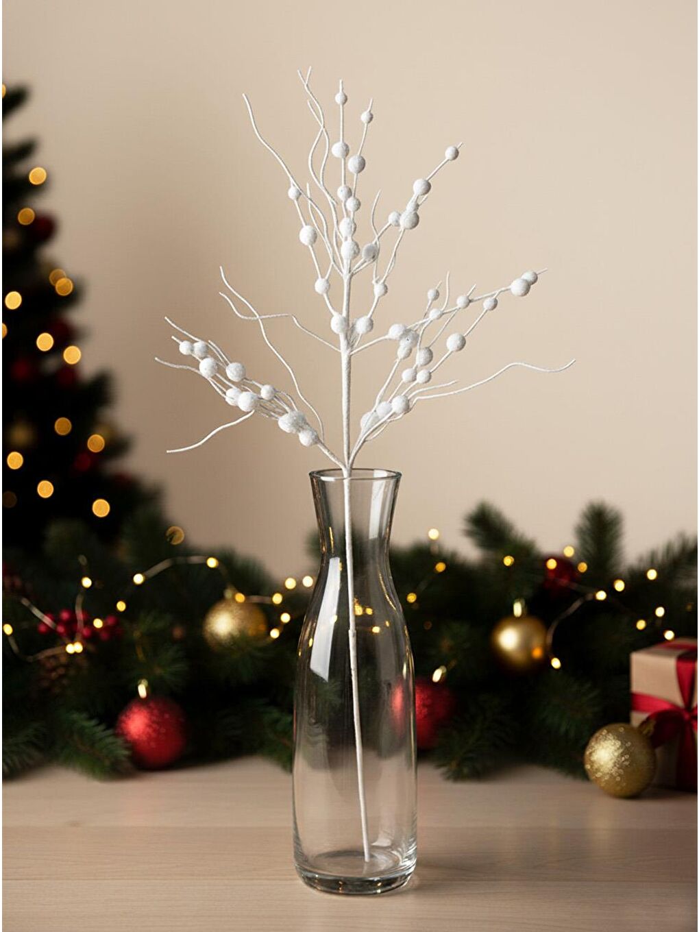 Yılbaşı Dekoru Tüylü Simli Dekoratif Süs Dalı Beyaz 75 cm