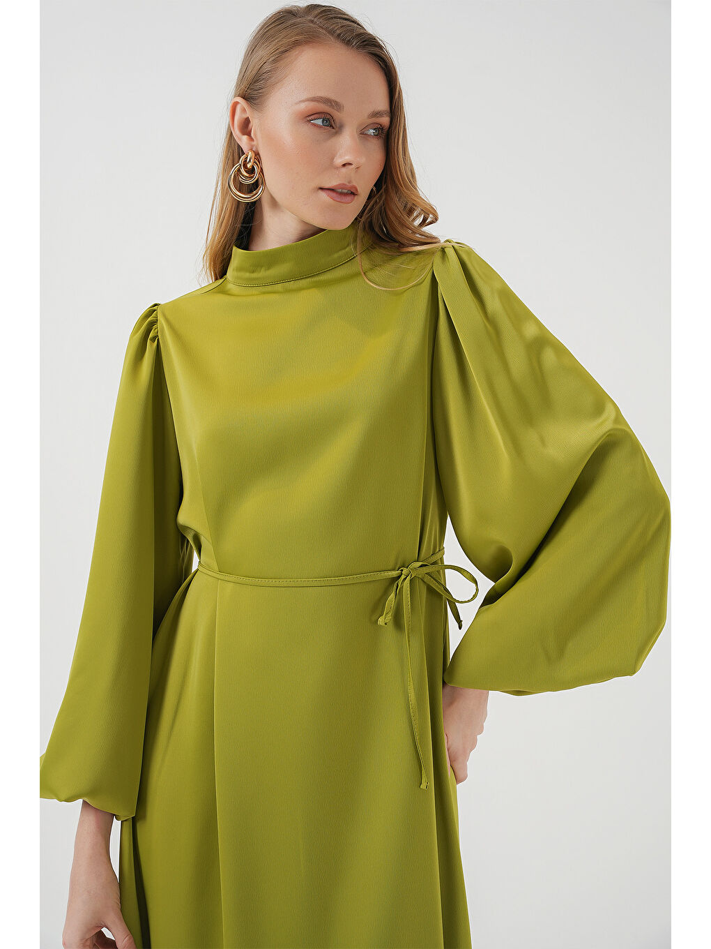 2510 Saten Tesettür Abiye Elbise - Yağ Yeşil-1